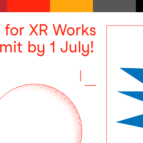 Textgrafik mit einer Seifenblase, Farbbalken und dem Text: Call for XR Works – Submit by 1 July!