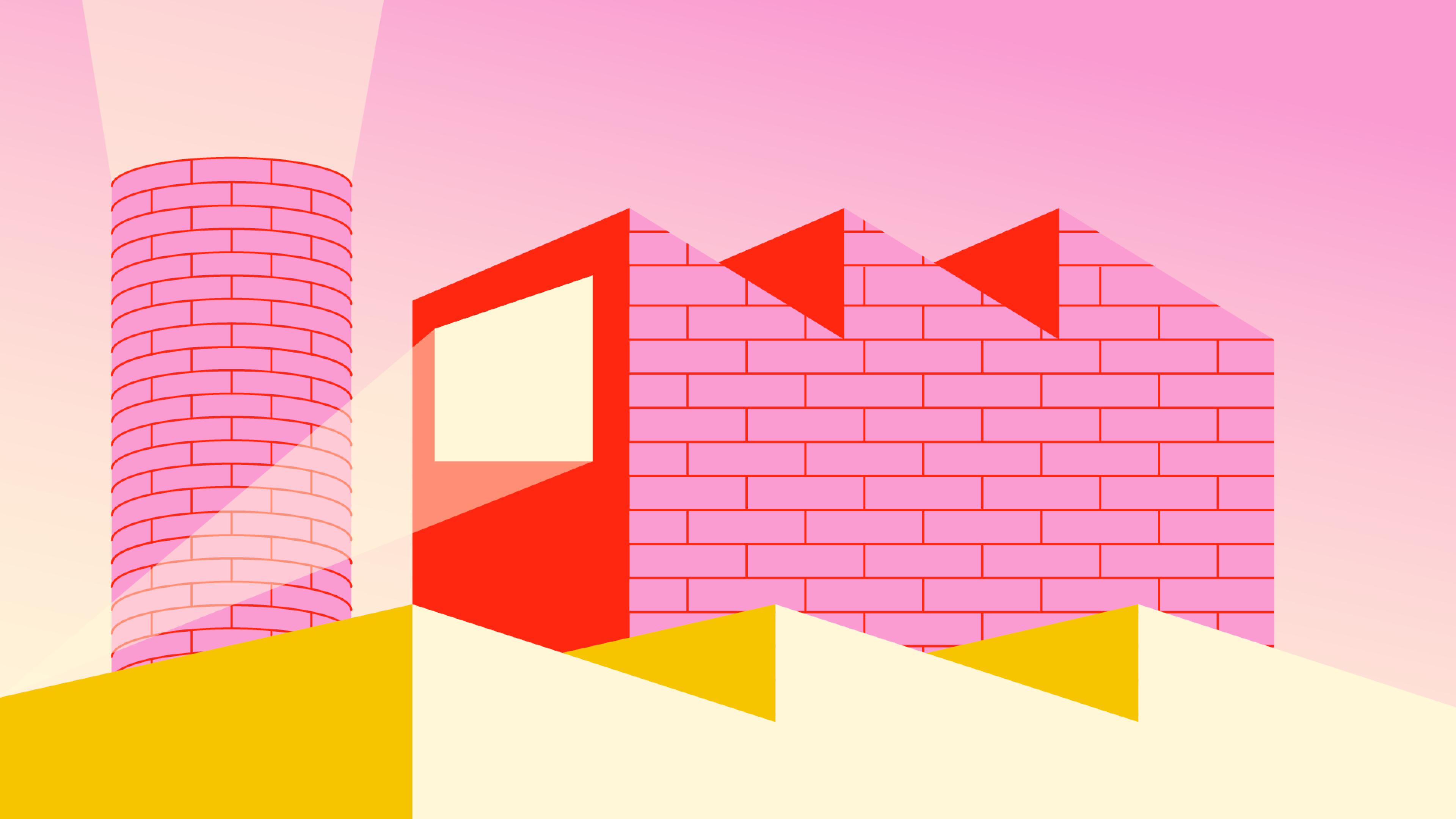 Das Motiv zu unserer Sommerkino-Reihe zeigt die Illustration eines Fabrikgebäudes aus Backstein mit einem hohen Ziegelturm. Auf eine Gebäudemauer fällt der Lichtstrahl eines Projektors in der Größe einer Leinwand.