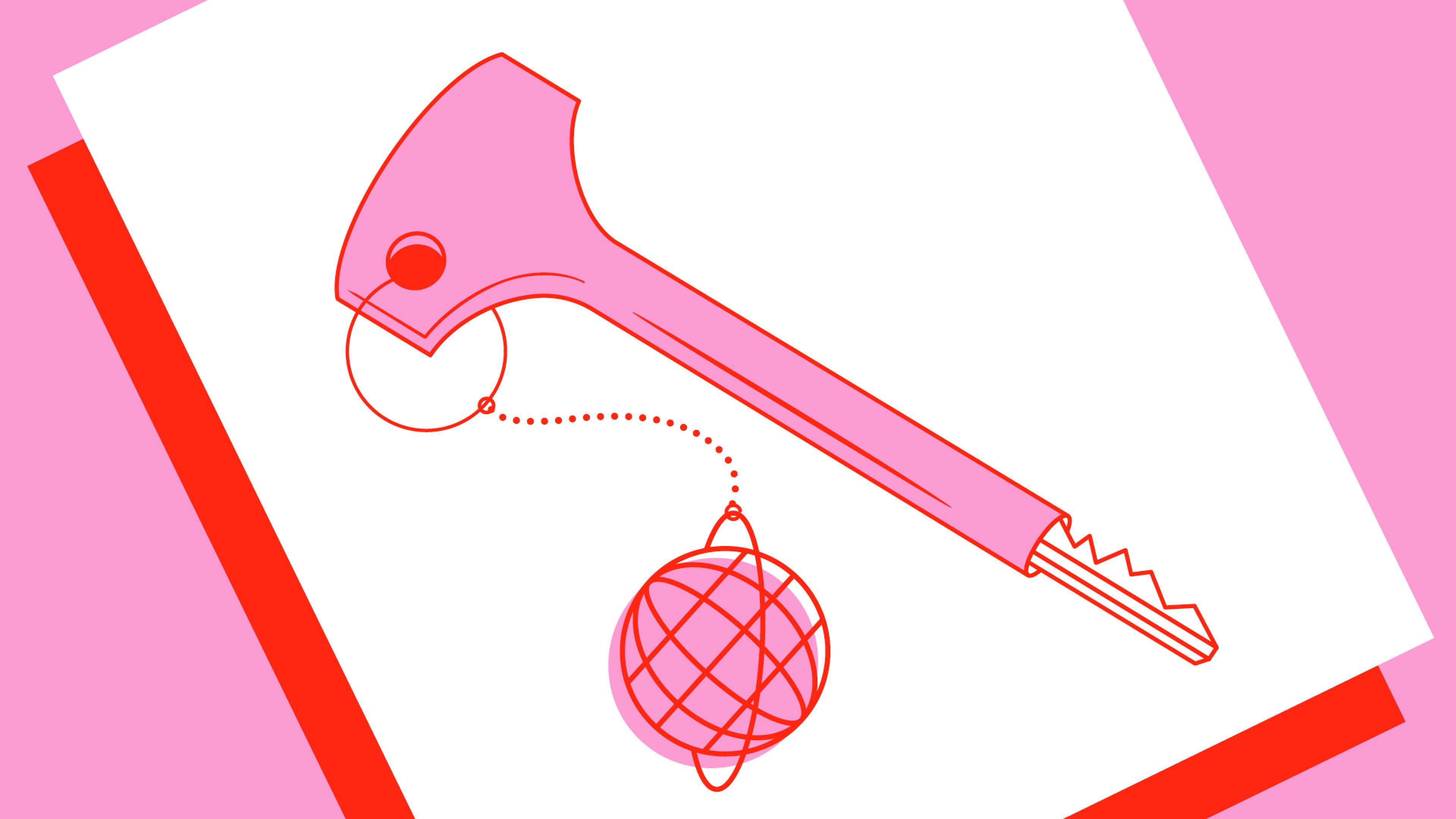 Eine Illustration: Ein pinker Schlüssel (das Festivalmotiv von Dok Leipzig 2022) mit einem Schlüsselanhänger in Form einer pinken Weltkugel.