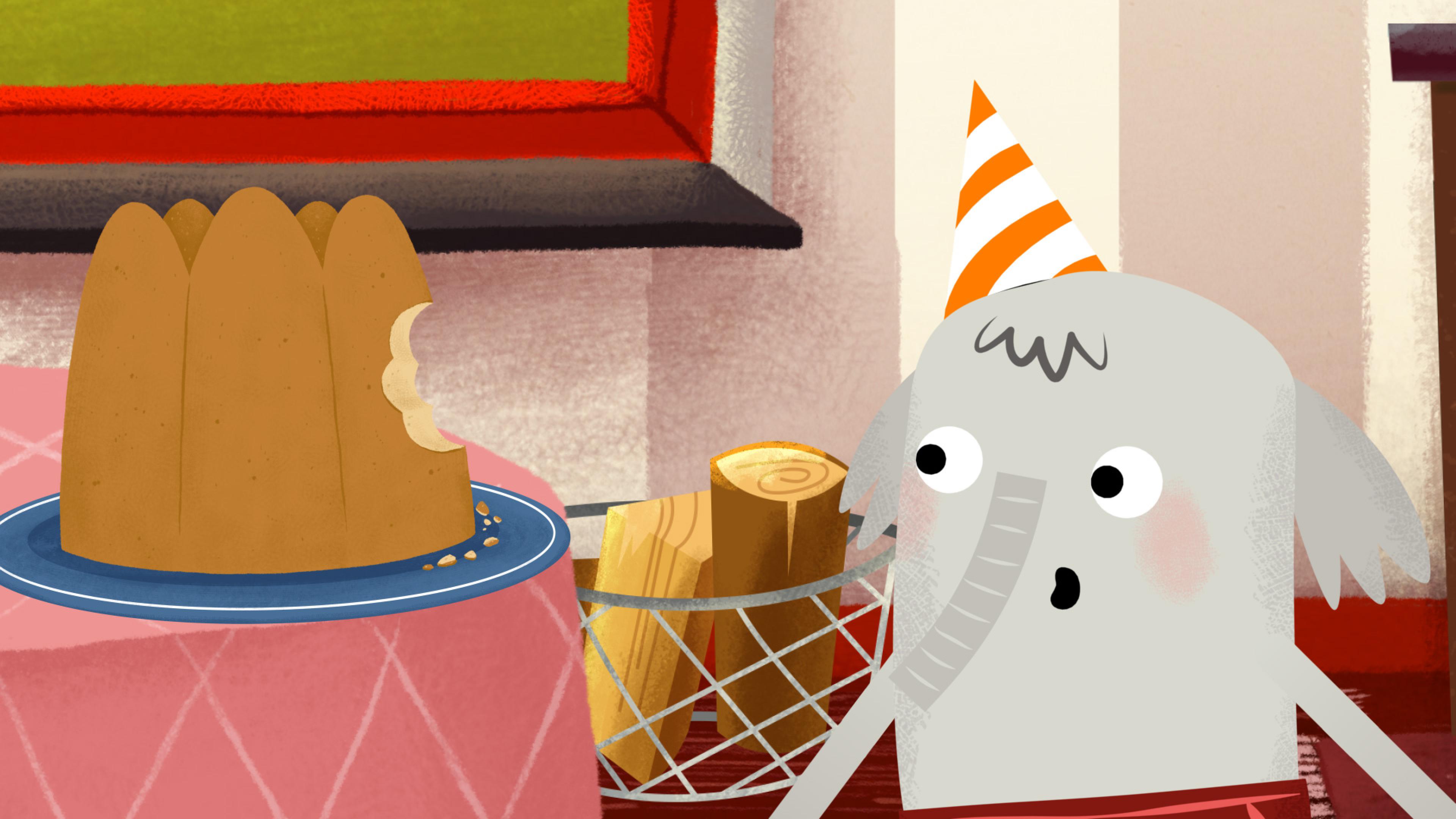 Illustration: Ein kleiner Elefant mit einem Partyhütchen schaut mit offenem Mund auf einen angebissenen Kuchen, der auf dem Tisch steht.