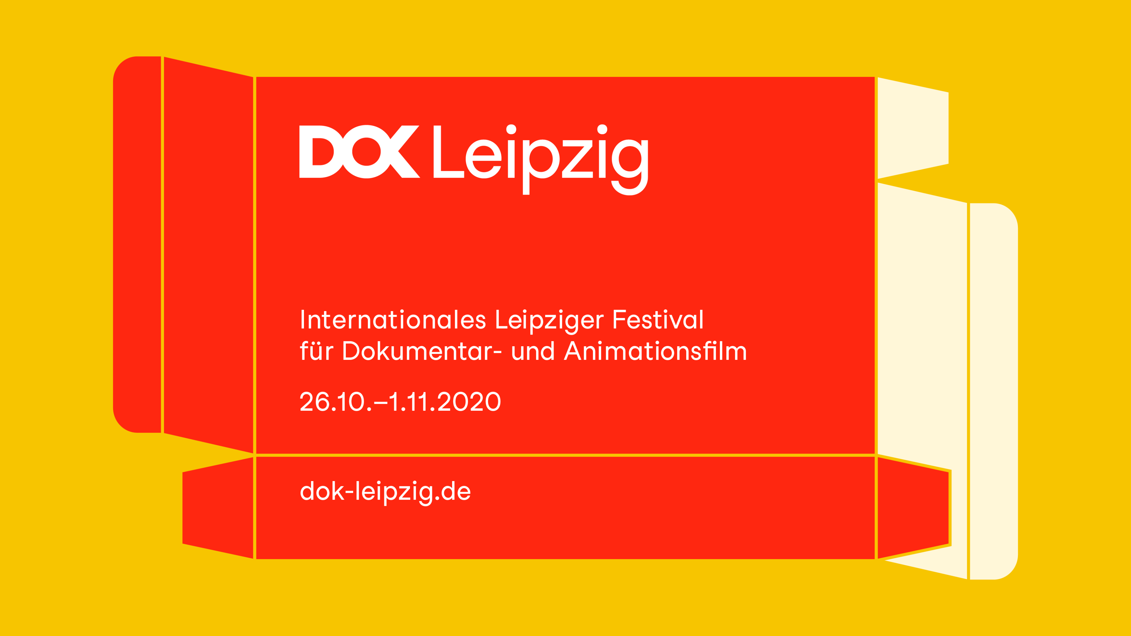 Festivalmotiv 2020: Grafik einer roten Faltschachtel mit DOK Leipzig Schriftzug und Festivaldatum