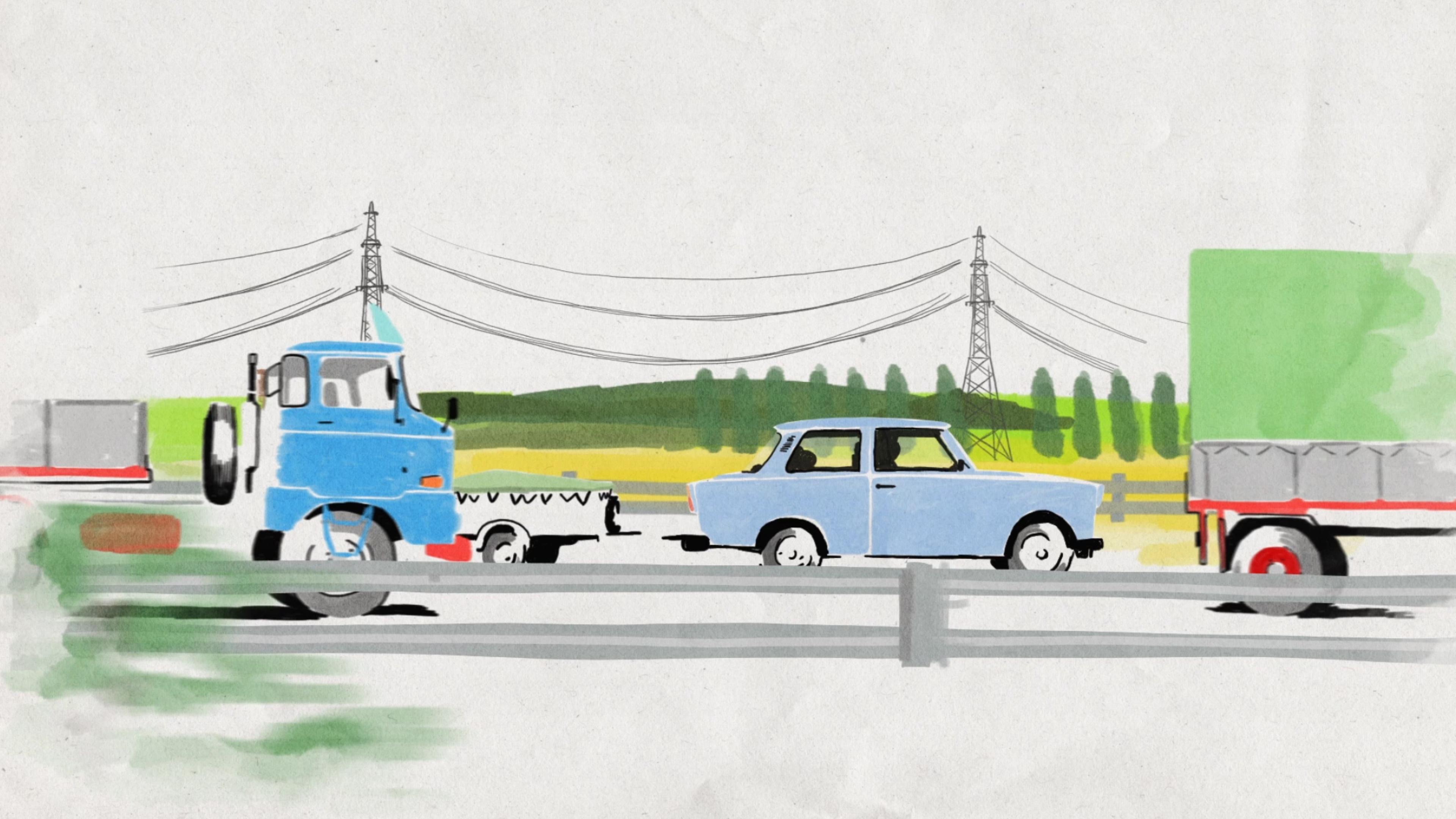 Illustration: Ein blauer Trabant mit Anhänger zwischen LKWs auf einer Autobahn.