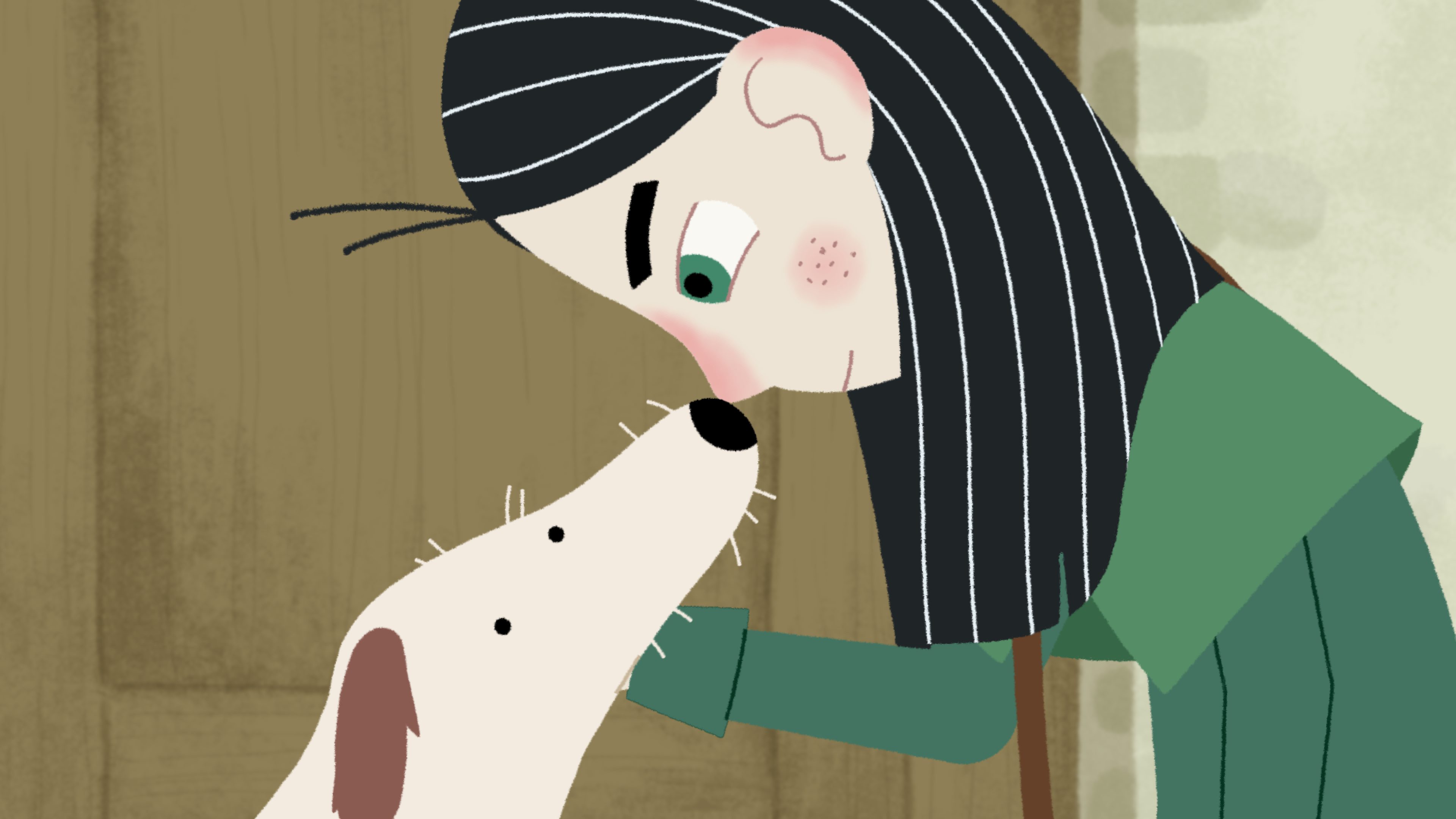 Illustration eines jungen Mädchens mit grünen Augen, sie berührt mit ihrer Nase die Schnauze eines kleinen weißen Hundes und streichelt ihn.