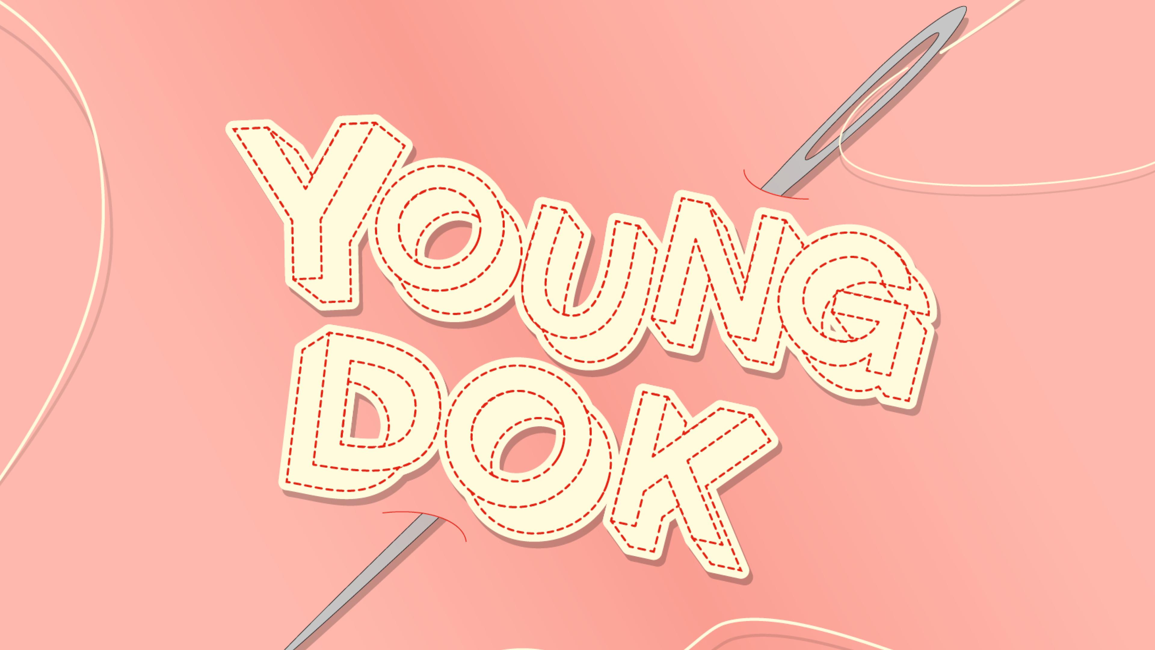 Illustration: Das Wort Young Dok wird mit einer Nadel in einen pfirsischfarbenden Stoff gestickt