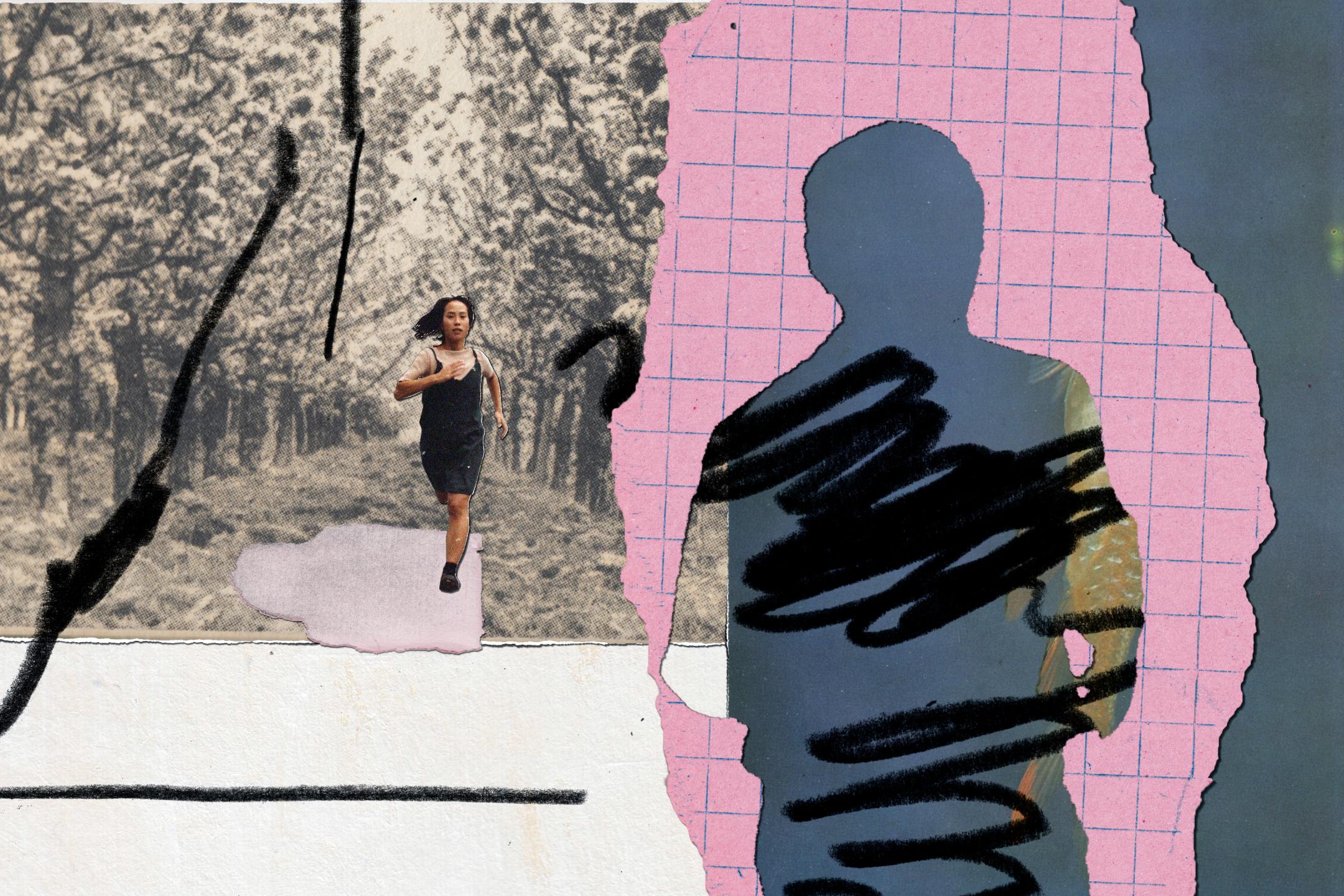 Splitter collage: Left a photo of a young woman running towards the camera, right the illustration of the outlines of a male person.