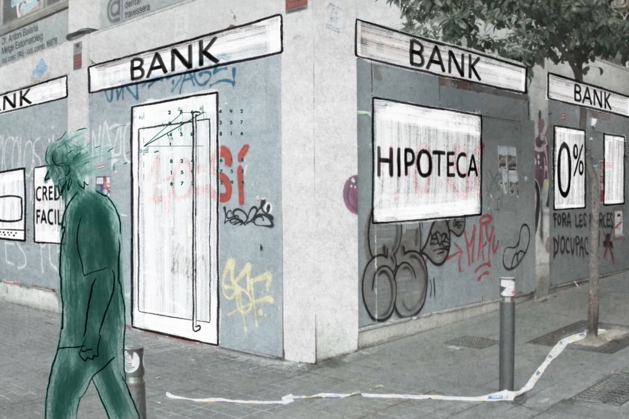 Zeichnung der Fassade einer Bankfiliale an einer Straßenecke. Im Vordergrund geht ein Mann vorbei. Links ist ein Geldautomat. Über der Tür und den Fenstern hängen mehrere Schilder mit dem Wort "Bank".