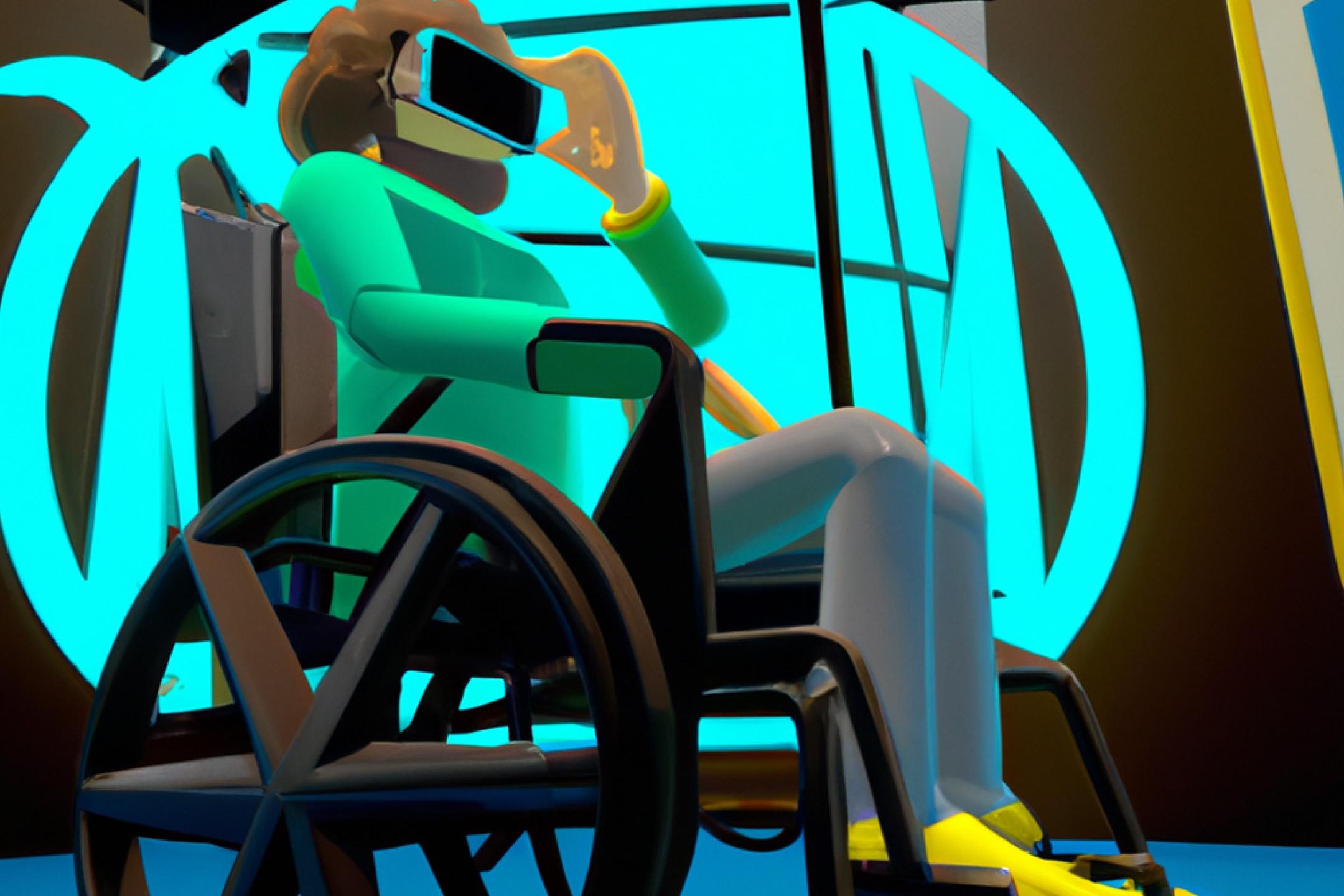 The avatar of a man in a wheelchair in a digital environment. The man wears a VR headset.