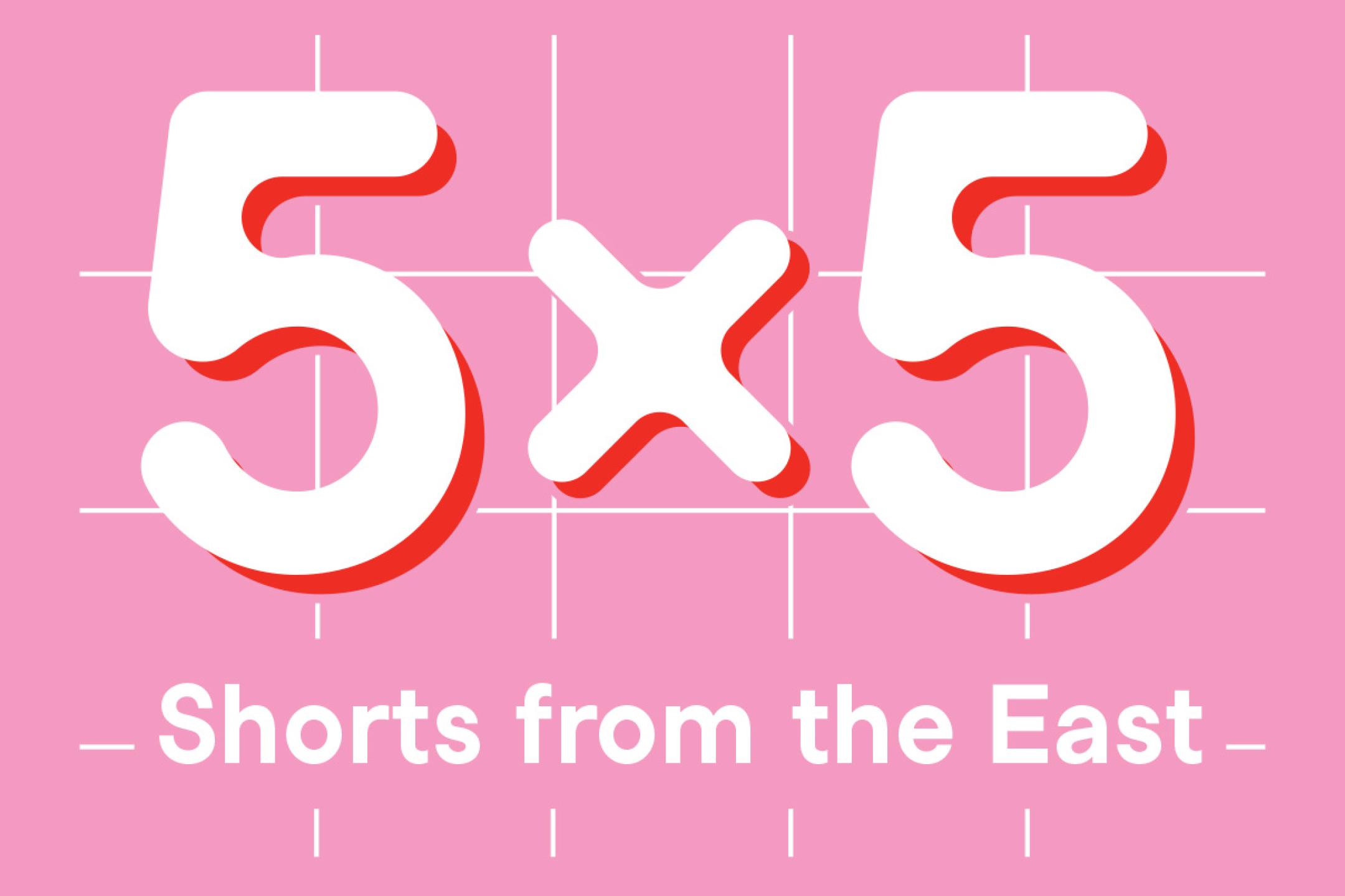 Vor einem rosa Hintergrund mit weißen Kacheln steht der Text: 5 x 5 Shorts from the East