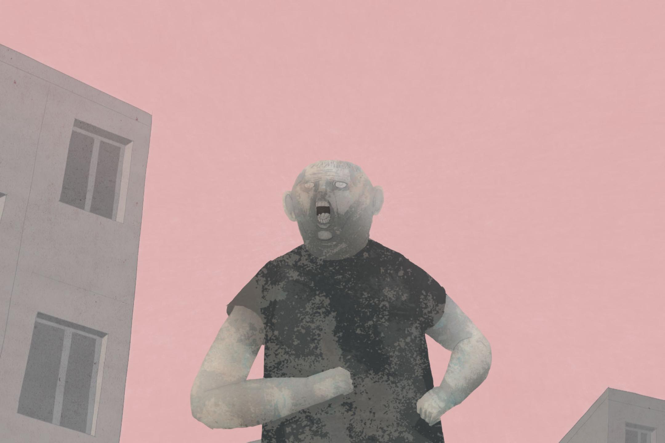 Eine menschenähnliche Figur mit offenem Mund läuft mit angewinkelten Armen an Häusern vorbei. Wir schauen aus der Froschperspektive, der Himmel ist ein sattes pink