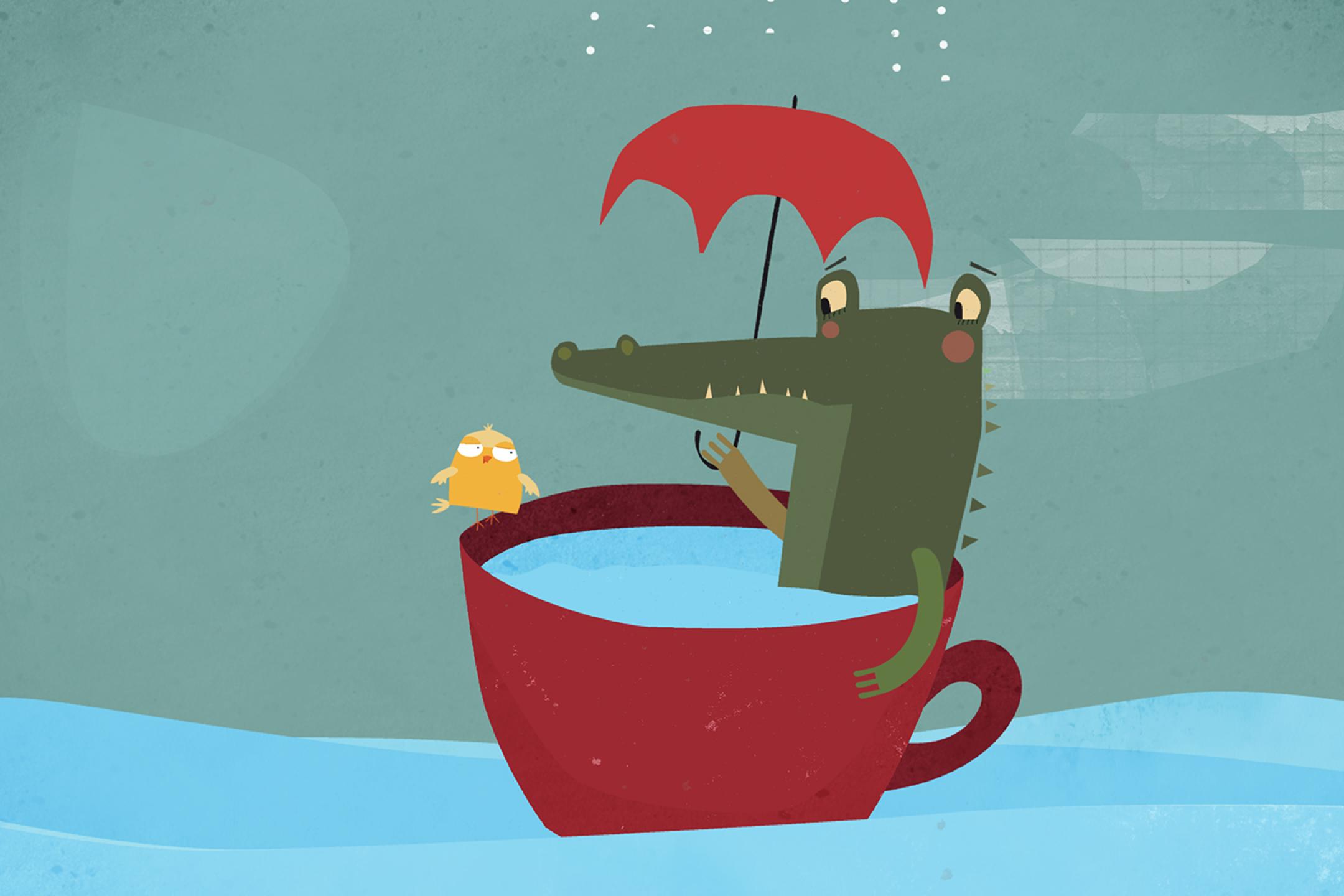 Filmstill Lost Brain: Eine animierte Szene. Ein Krokodil sitzt in einer mit Wasser gefüllten Kaffeetasse und fährt damit über Wasser. Auf dem  Tassenrand balanciert ein kleines gelbes Küken. Das Krokodil schaut zu und hält  einen aufgespannten, roten Regenschirm über den Kopf.