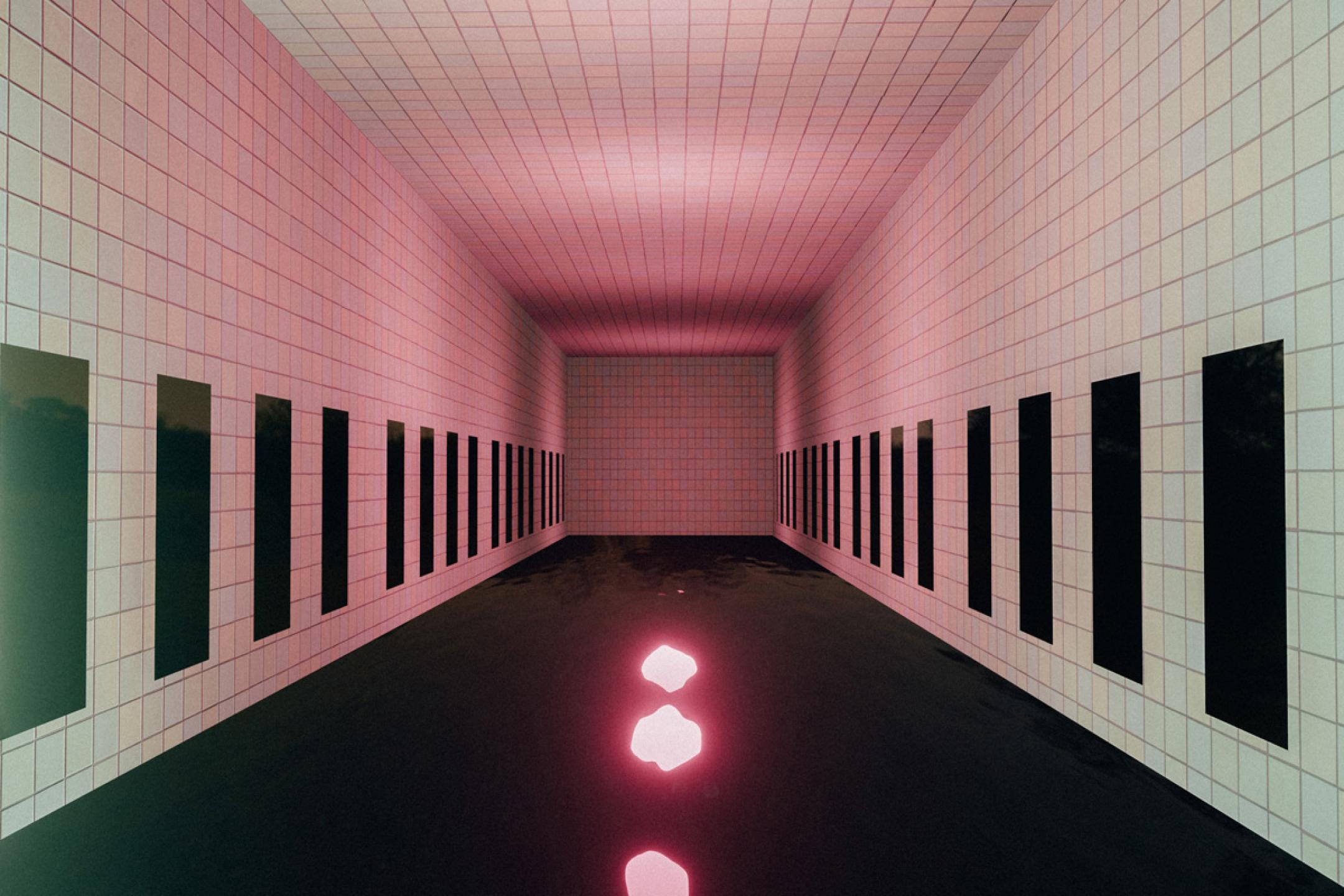 An elongated room with white tiles on the walls and black floor, illuminated by pink points of light.