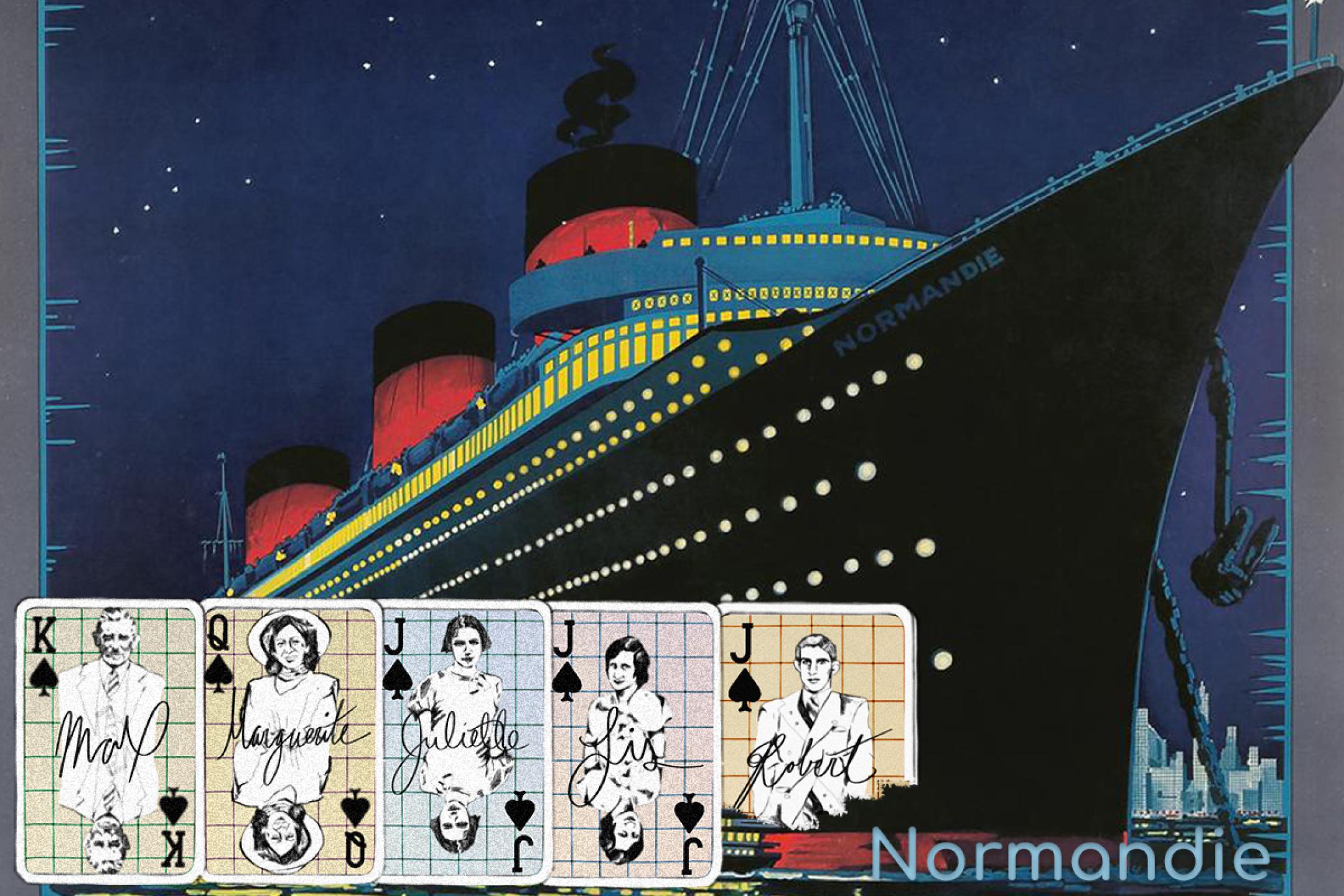 A collage: in the background a postcard of a historic cruise ship in front of a big city skyline. In front below five playing cards with king, queen and three jacks.
