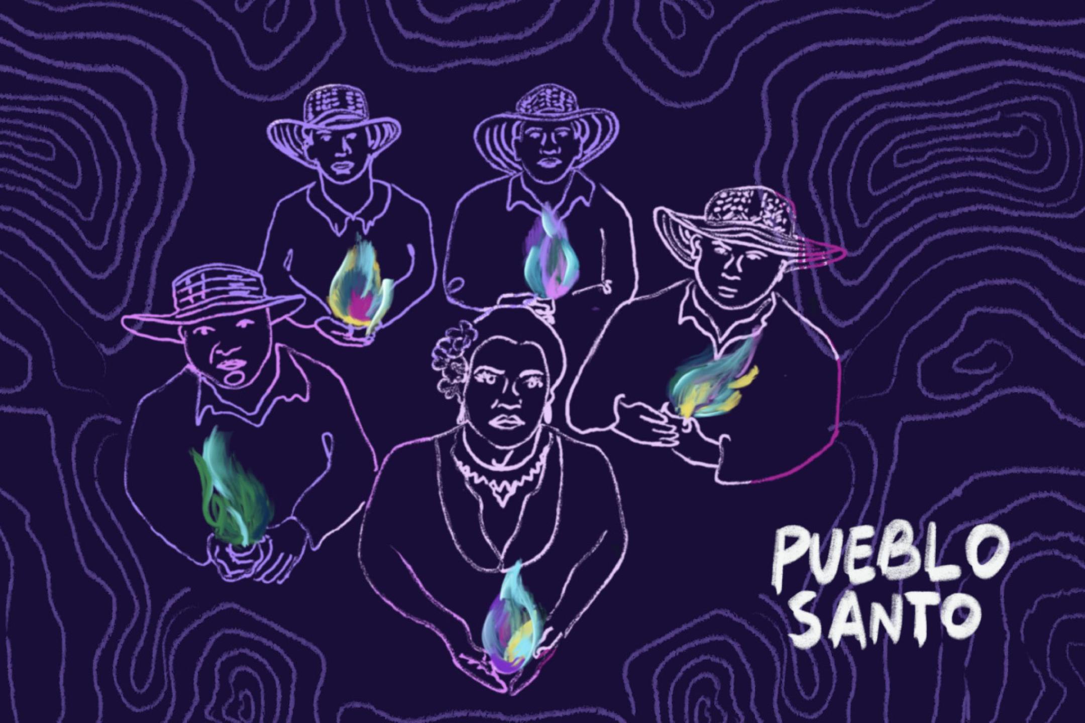 A drawing with five figures: in front a woman with a flower in her hair, around her four men with straw hats. All of them carry a flame in their hands and look straight ahead.