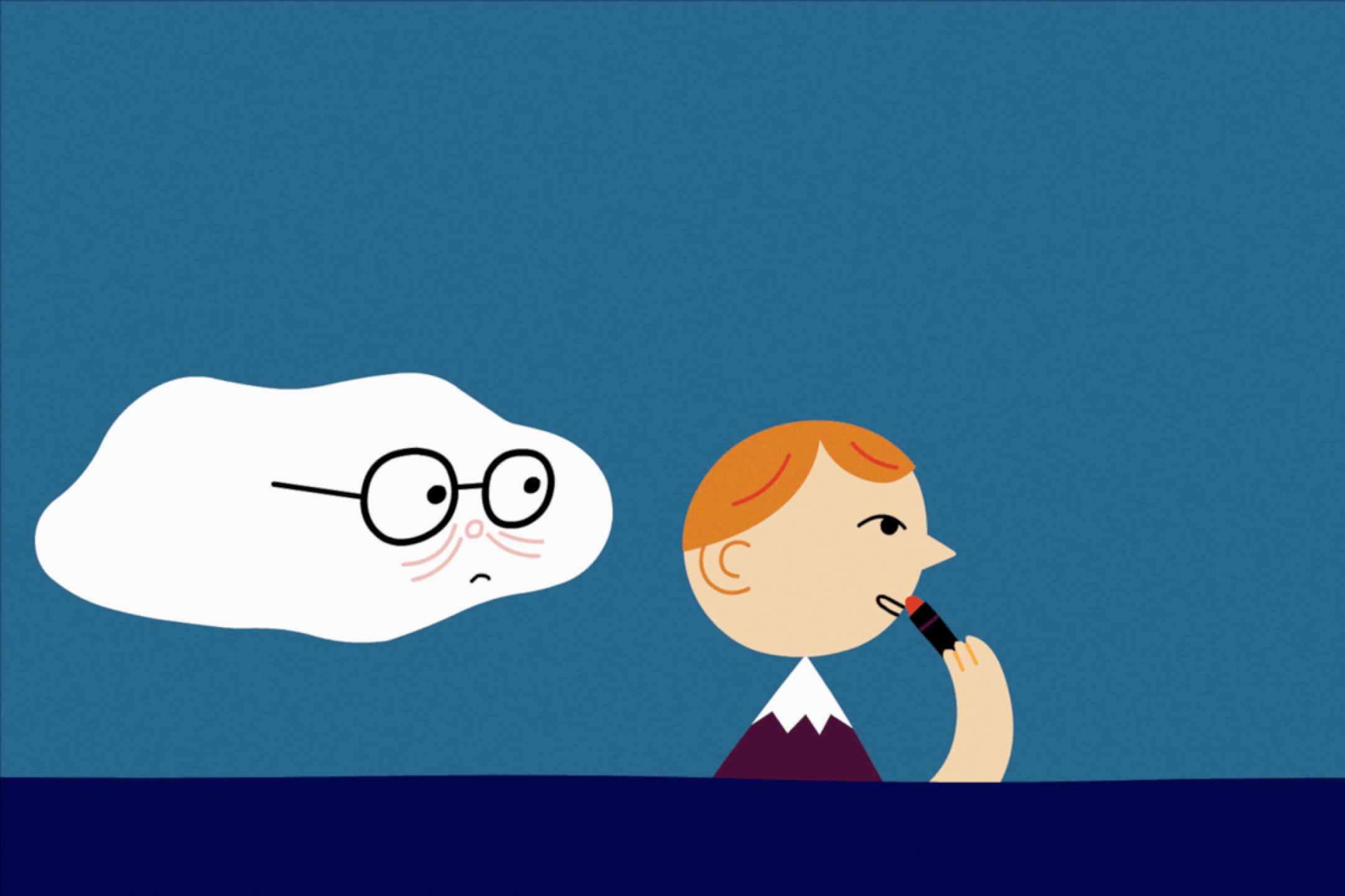 Eine Animation einer Figur, deren Kopf auf den Schultern eines Berges liegt und die Lippenstift aufträgt. Der Figur folgt eine Wolke, die ein etwas besorgtes Gesicht macht.