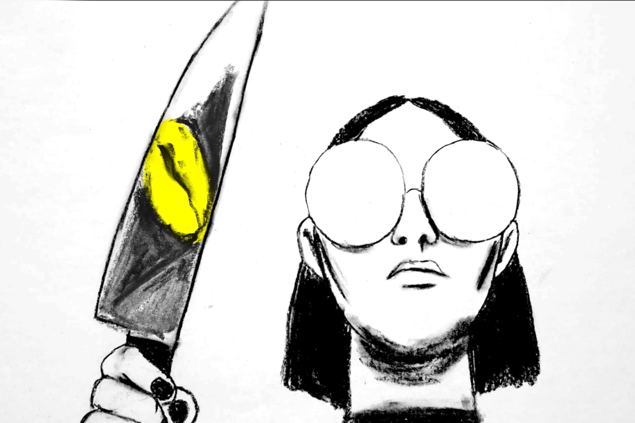 Eine gezeichnete Frau mit großer Sonnenbrille hält ein großes Küchenmesser hoch, in dem sich ein gelber Mund spiegelt. 