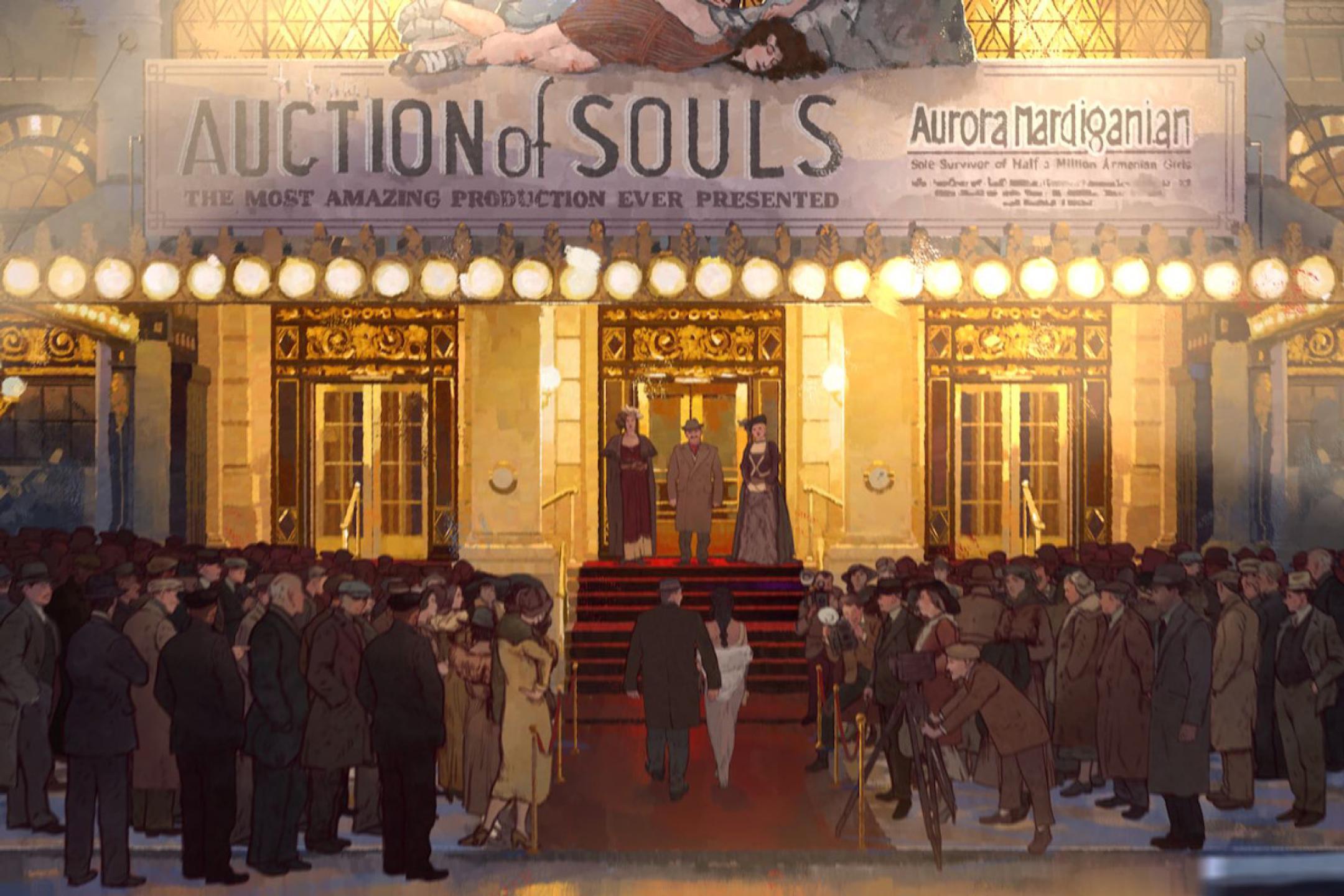 Two persons walk the red carpet into a cinema at a film premiere. Many people line the way.