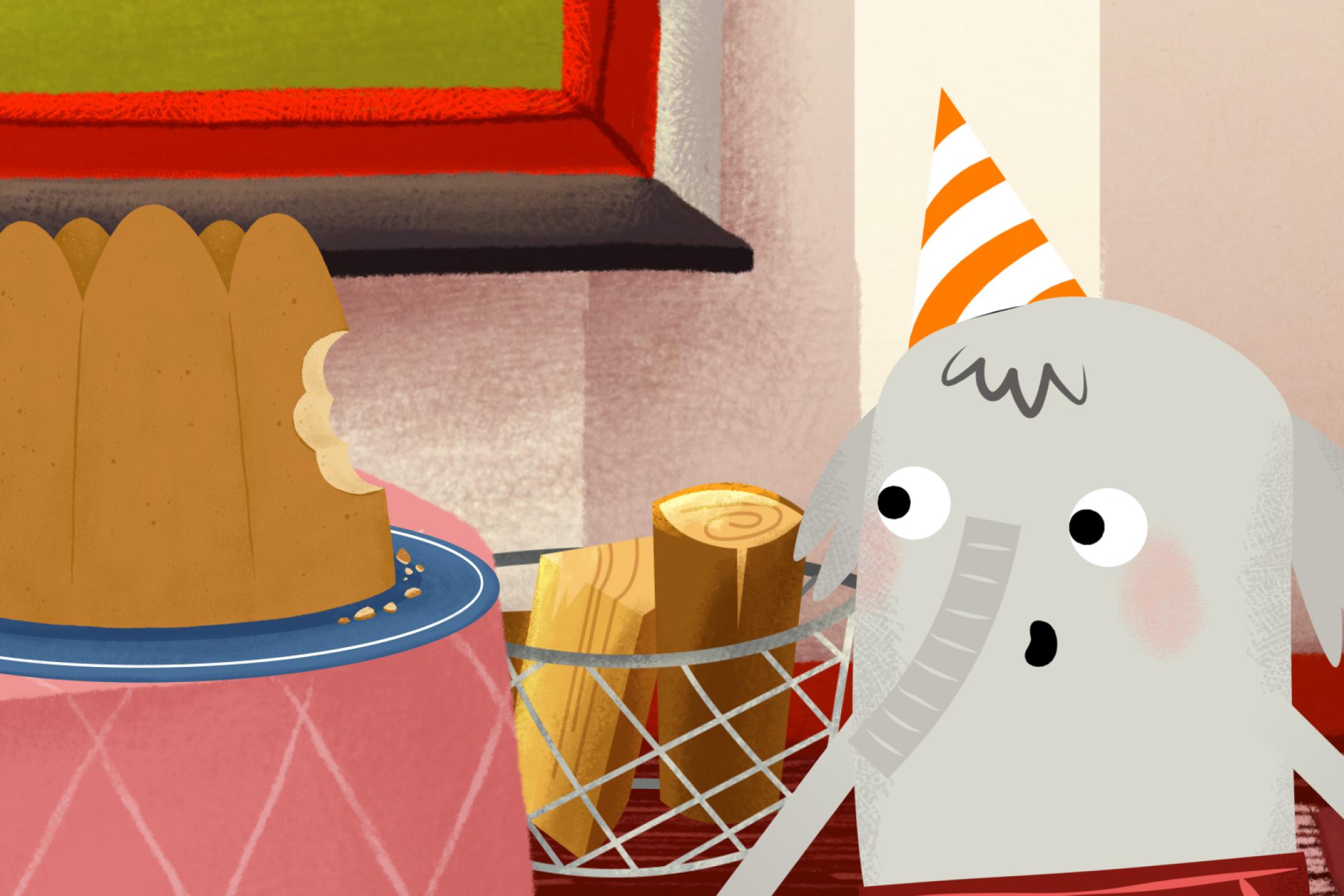 Illustration: Ein kleiner Elefant mit einem Partyhütchen schaut mit offenem Mund auf einen angebissenen Kuchen, der auf dem Tisch steht.