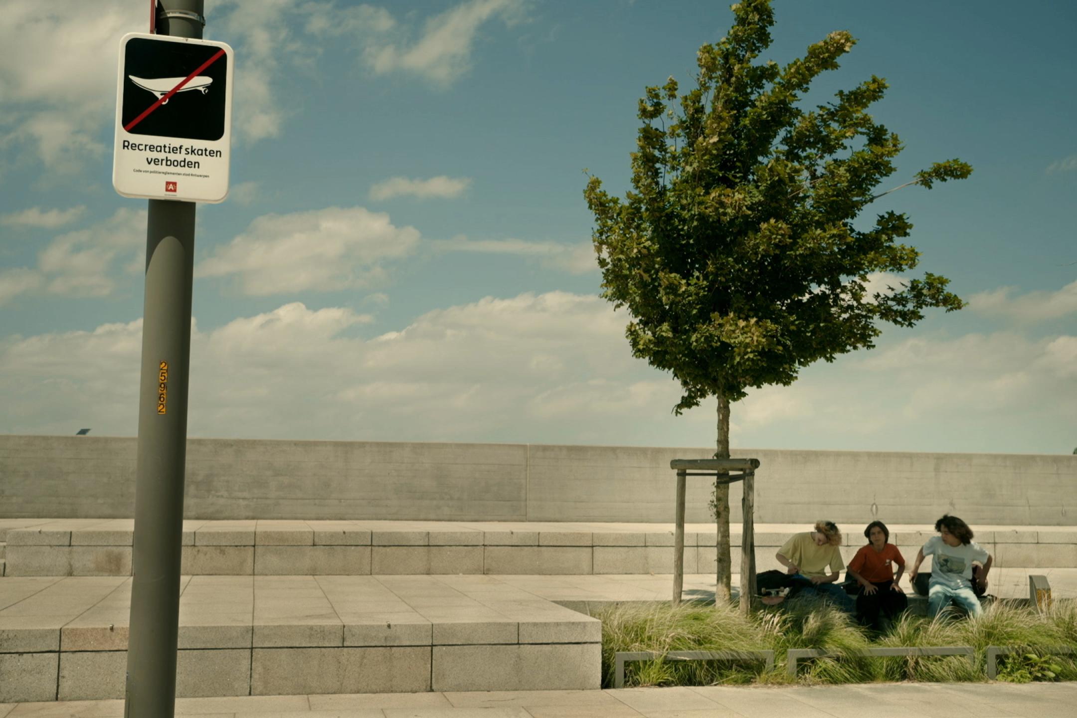 Eine Betonlandschaft aus langen Wegen mit mehreren Stufen. Im Vordergrund ein Schild mit einem durchgestrichenen Skateboard. An der Seite sitzen drei Jugendliche im Schatten eines Baums.