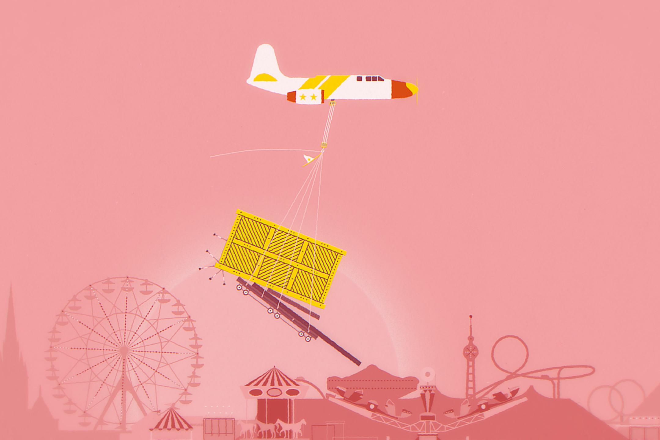 Illustration: An einem Flugzeug hängt eine riesengroße Kiste an einem Seil. Im Hintergrund die Silhouette einer Stadt.