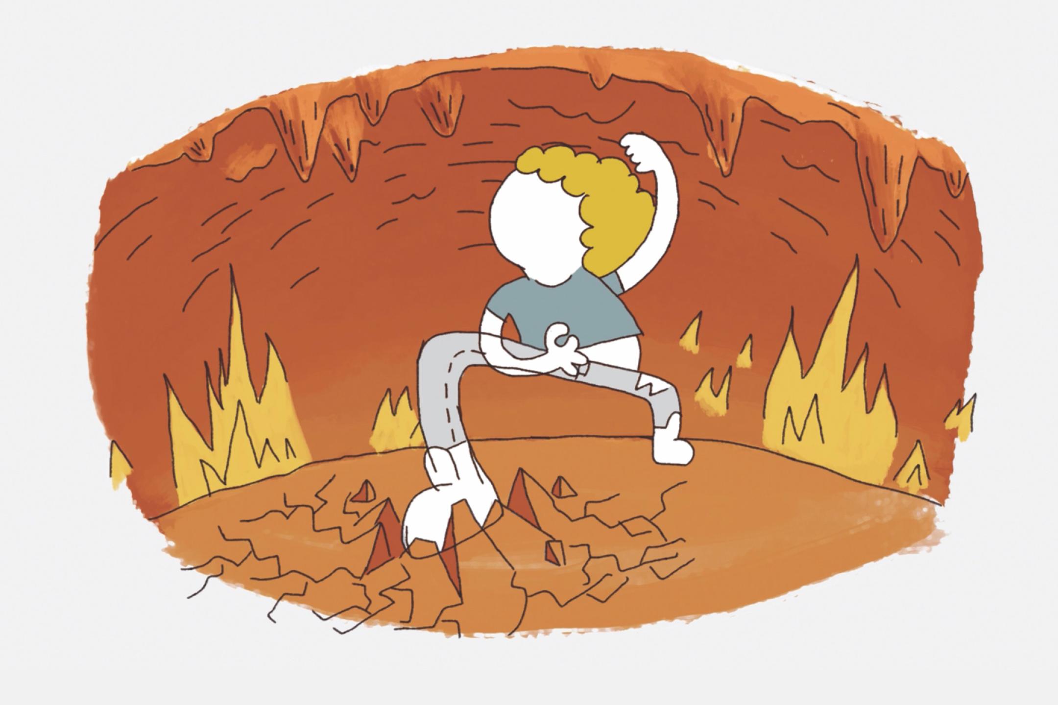 Eine Figur steht in einer Tropfsteinhöhle, hinter ihr lodert Feuer. Der Boden unter ihren Füßen ist geborsten.