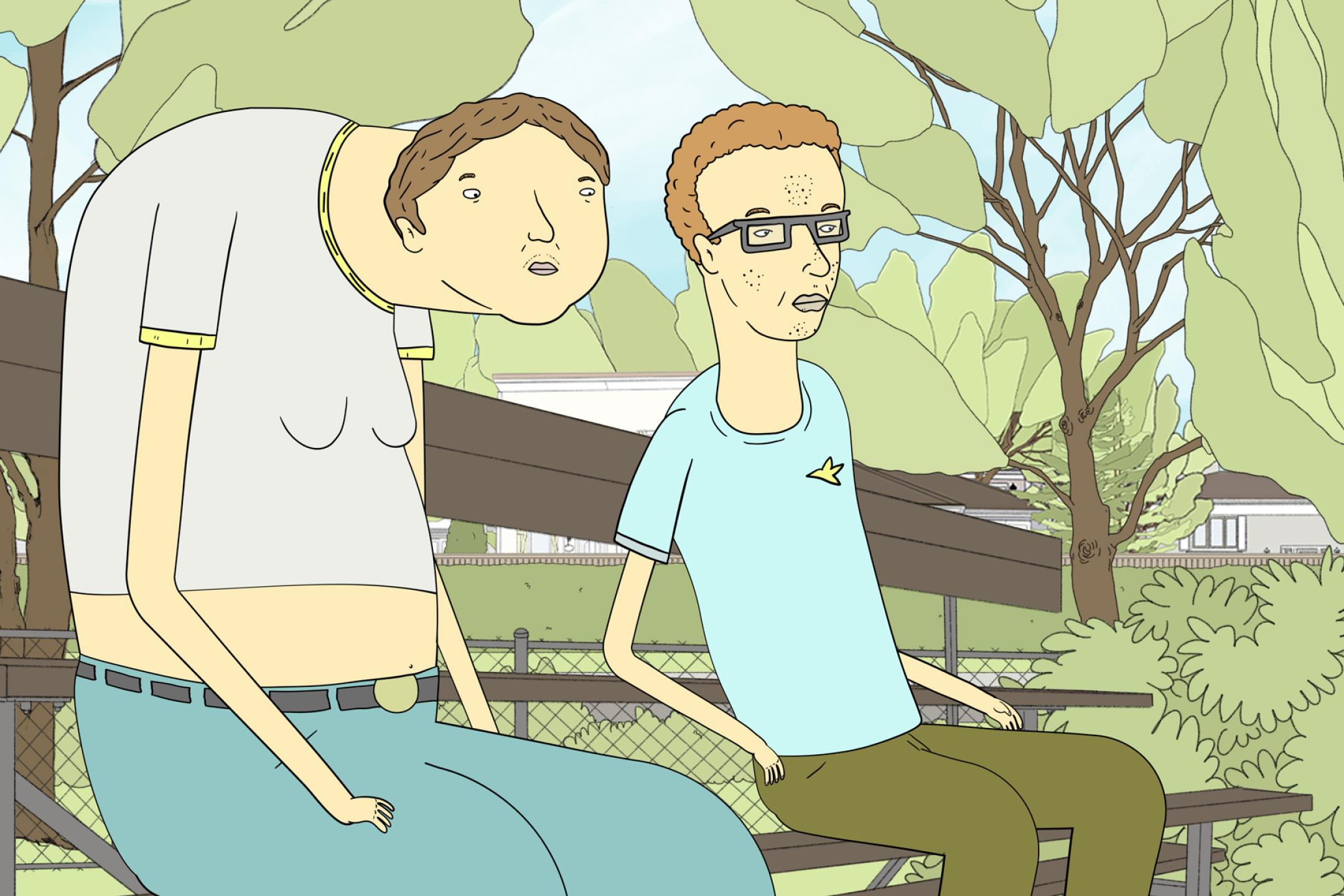 Eine Illustration: Zwei Jungen oder junge Männer sitzen nebeneinander auf einer Parkbank. Der Junge links hat einen Buckel und einen sehr langen Hals.