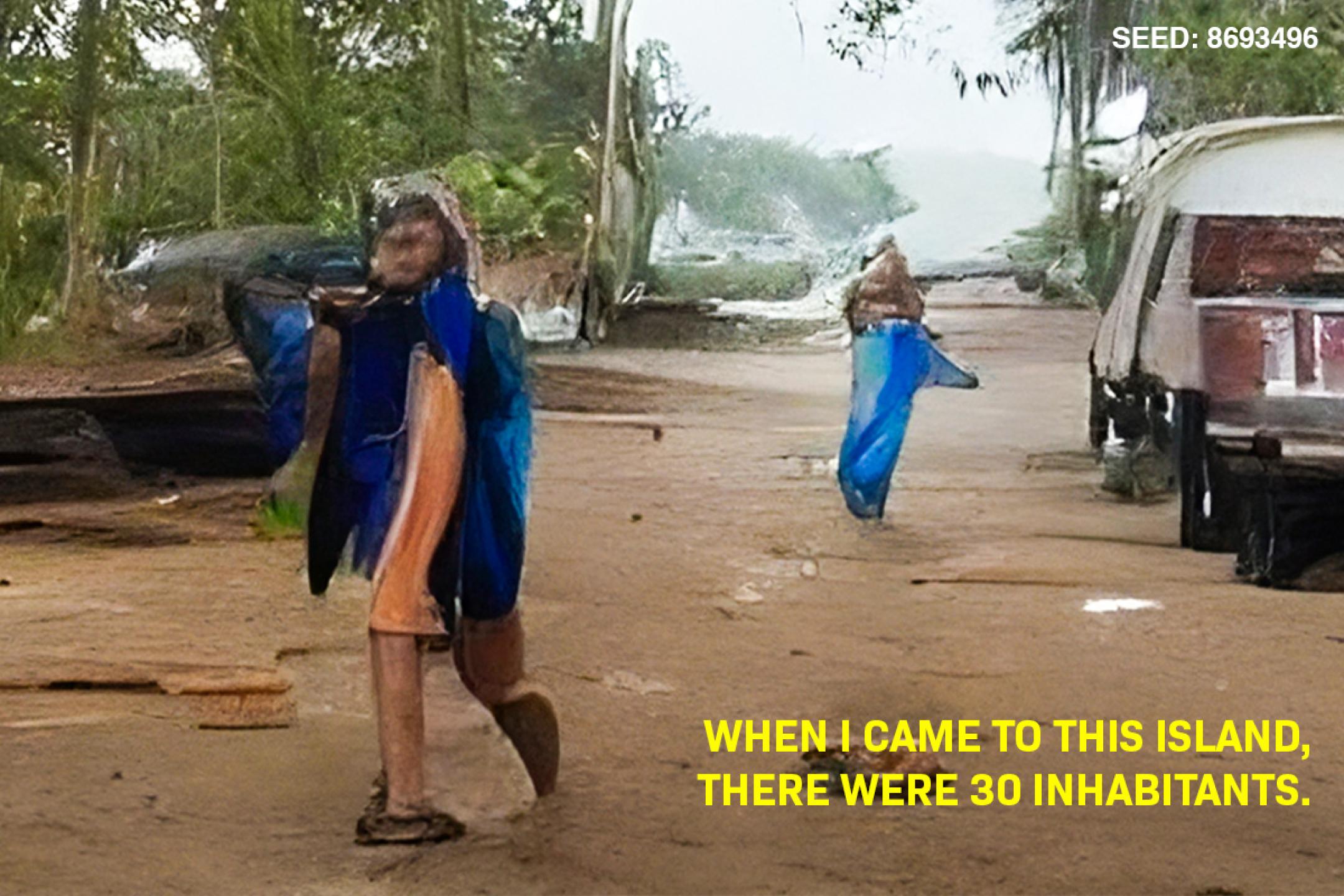 Two beings walk on a sandy road lined with palm trees.