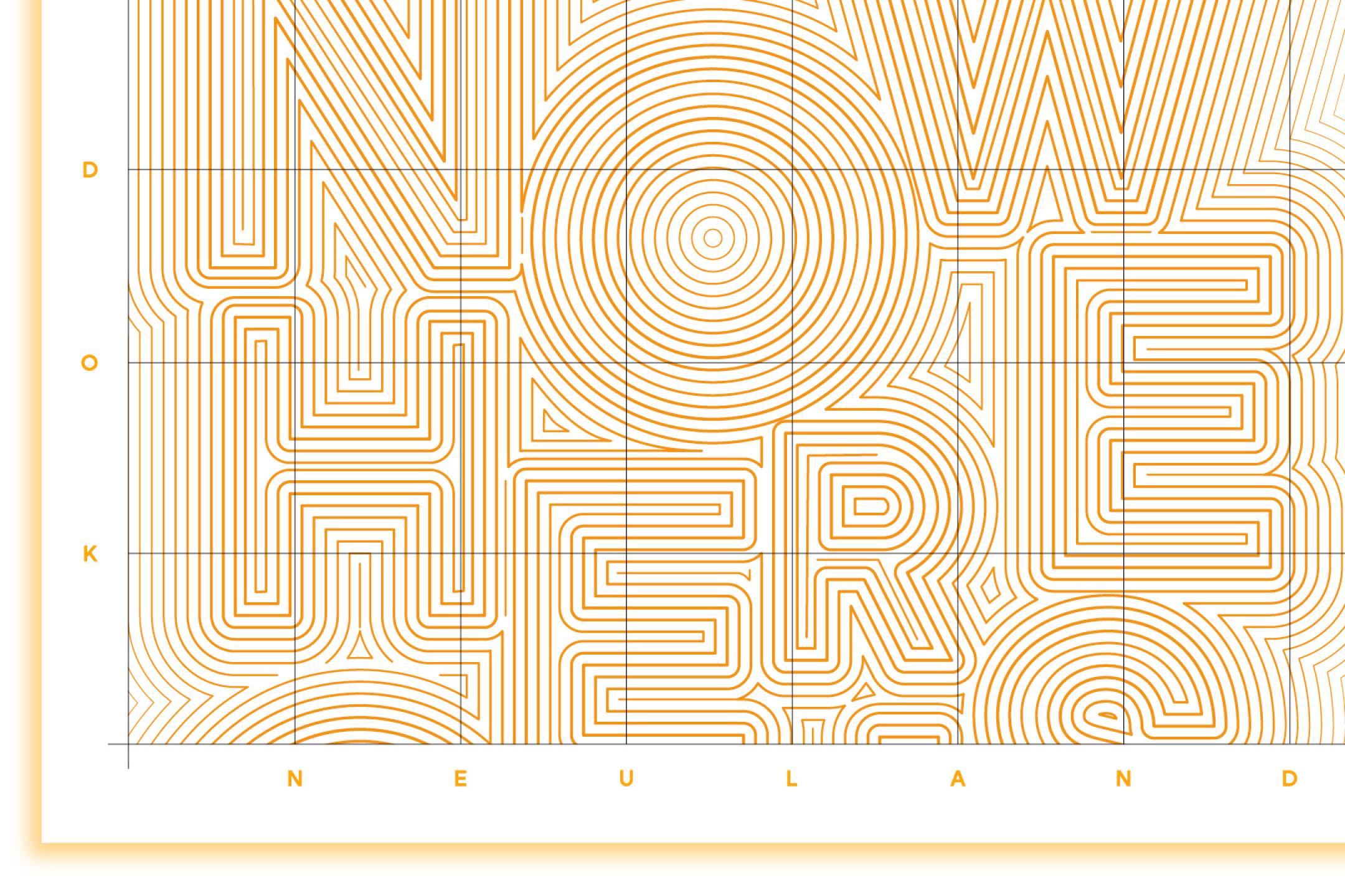 Das Motiv zur Ausstellung DOK Neuland 2023 zeigt eine Karte mit vielen Linien. Nach genauem Betrachten lässt sich dort das Wort "Nowhere" erkennen.
