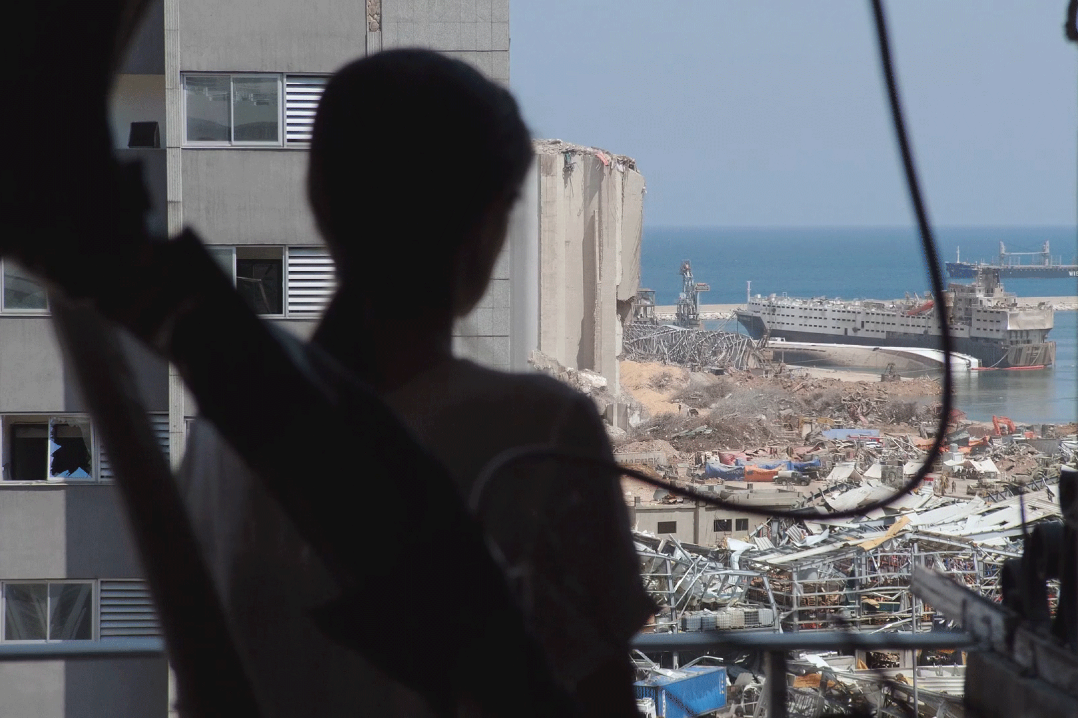 A person stands on the platform of a building and overlooks a city and harbor.