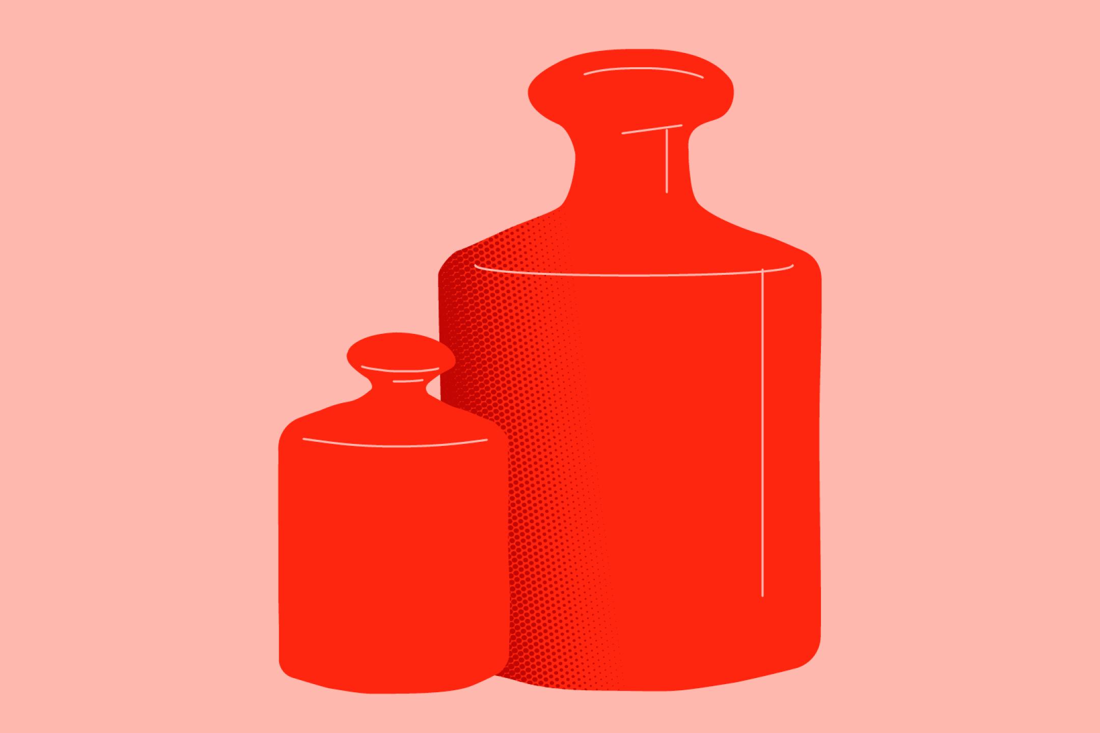 Zwei rote Gewichte auf rosa Grund, eins ist groß, eins ganz klein