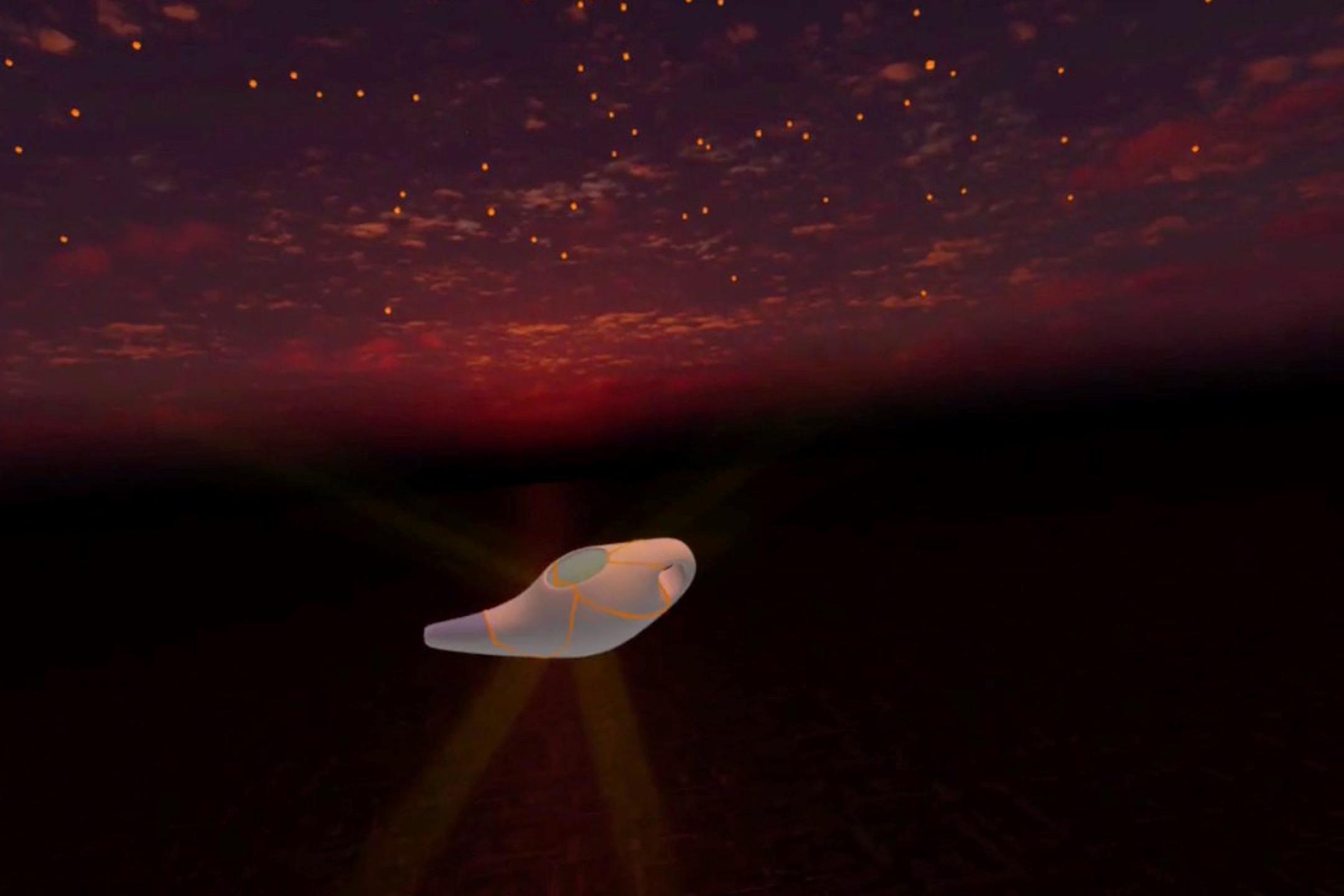 A virtual dark red sky with a small flute floating 