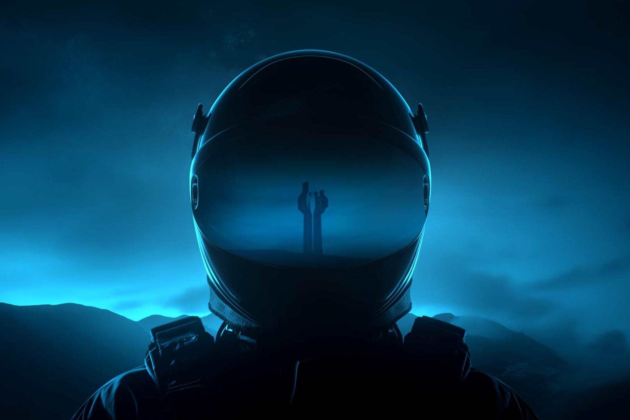 The virtual head of a spaceman in blue light