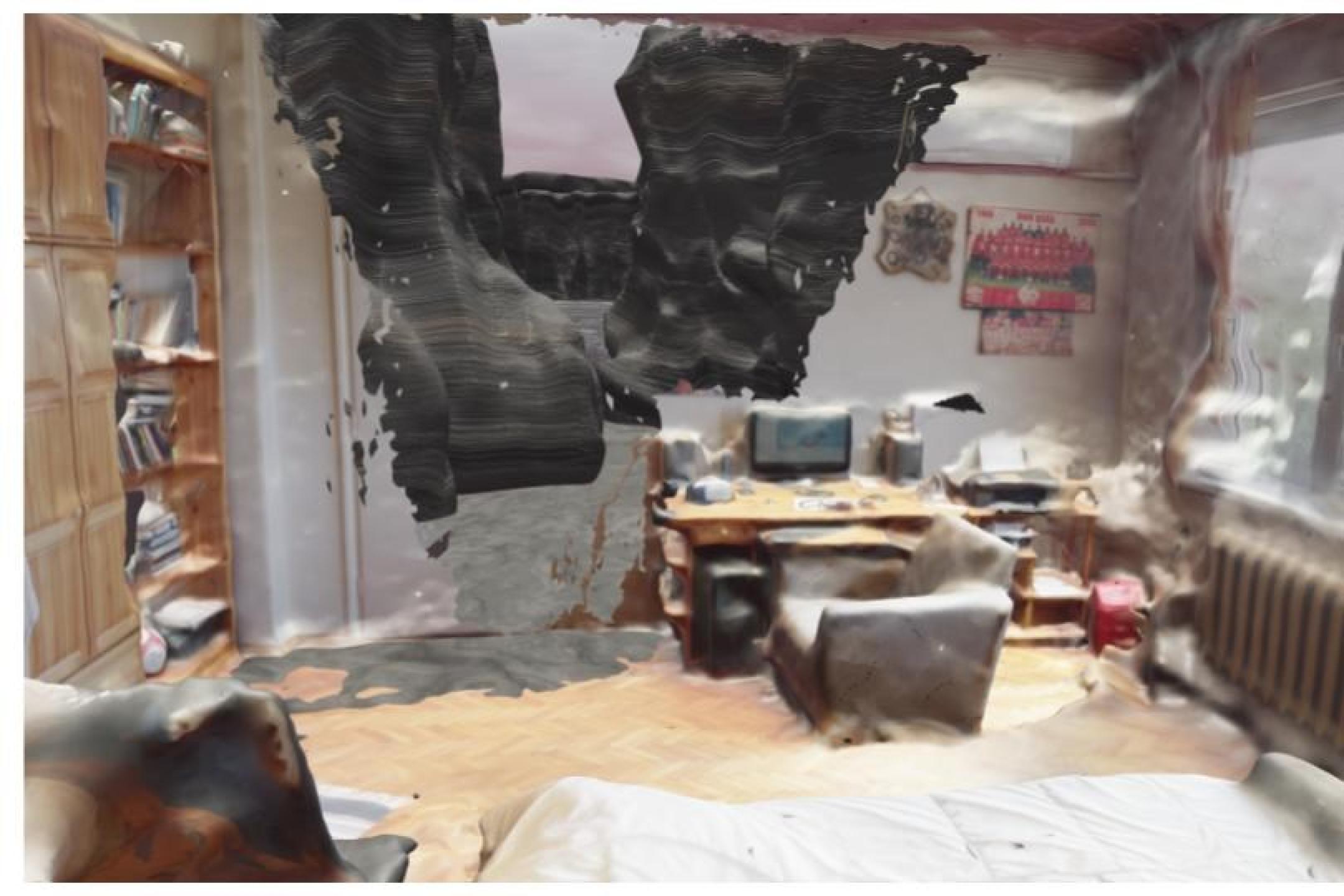 A virtual living room with the view bleeding into a black and gray landscape