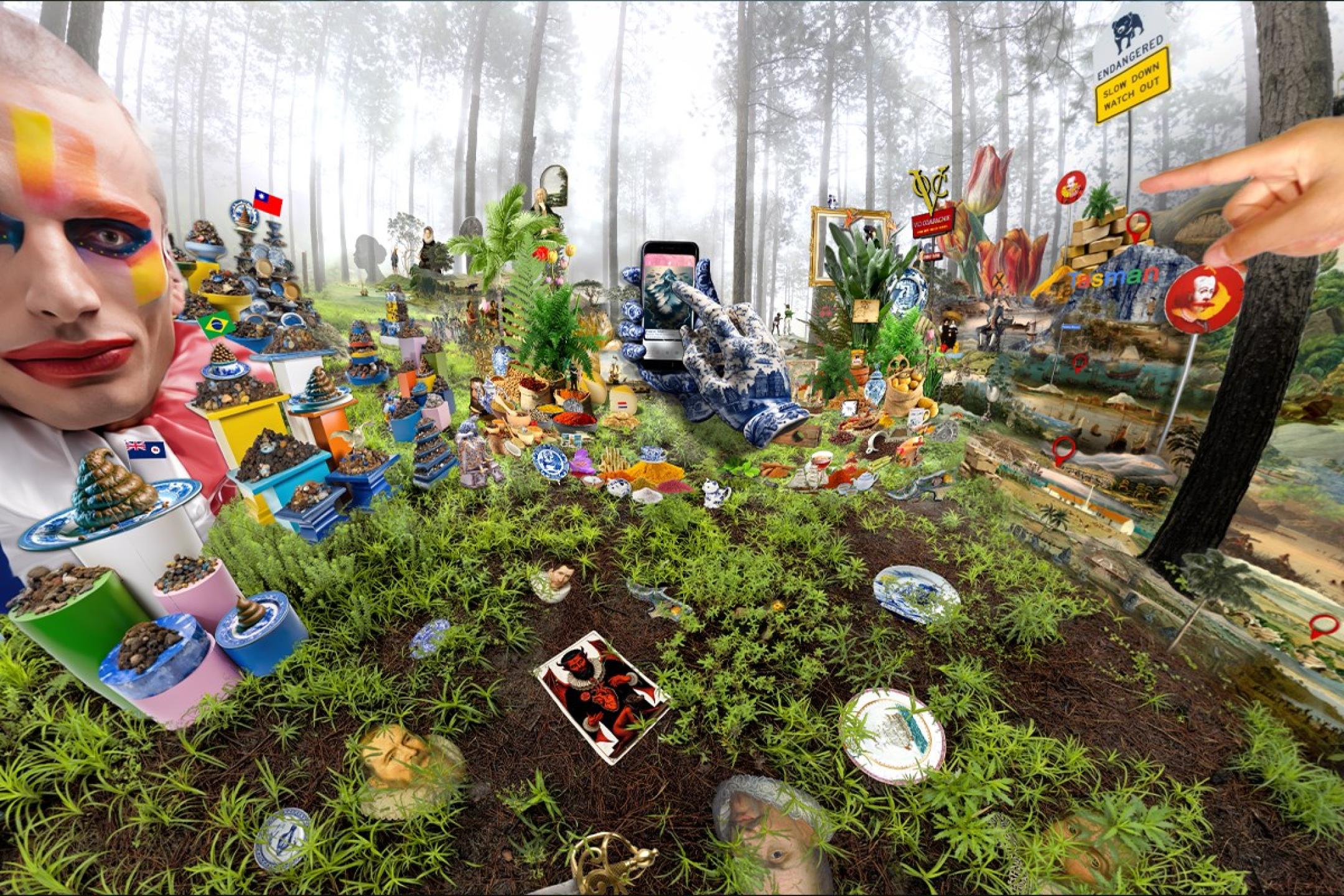A virtual forest. A huge head with make-up is staring at the camera, two floating hands tap on a phone, countless items are scattered around