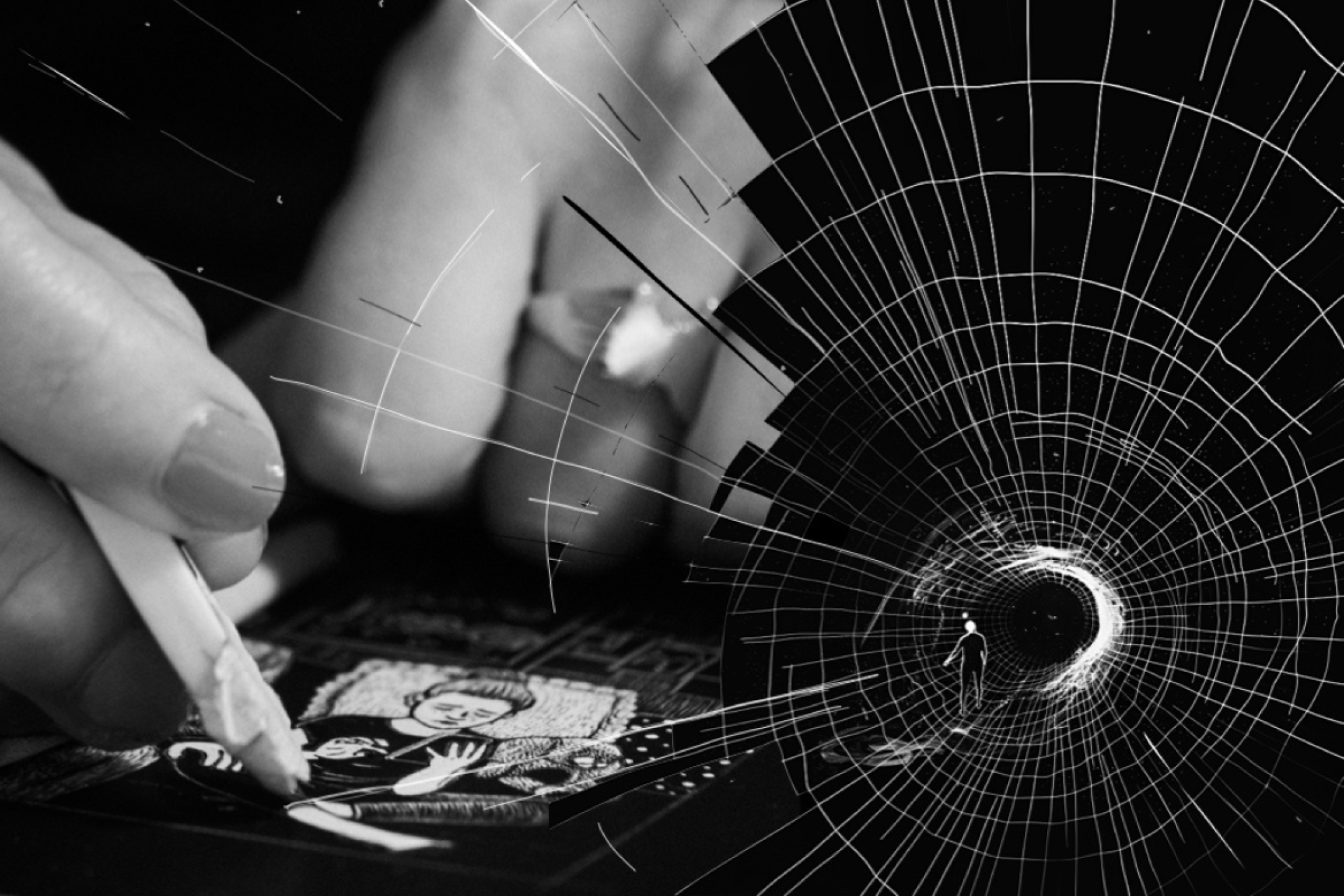 Close-up of hands sketching and a drawn image of a figure walking into a tunnel