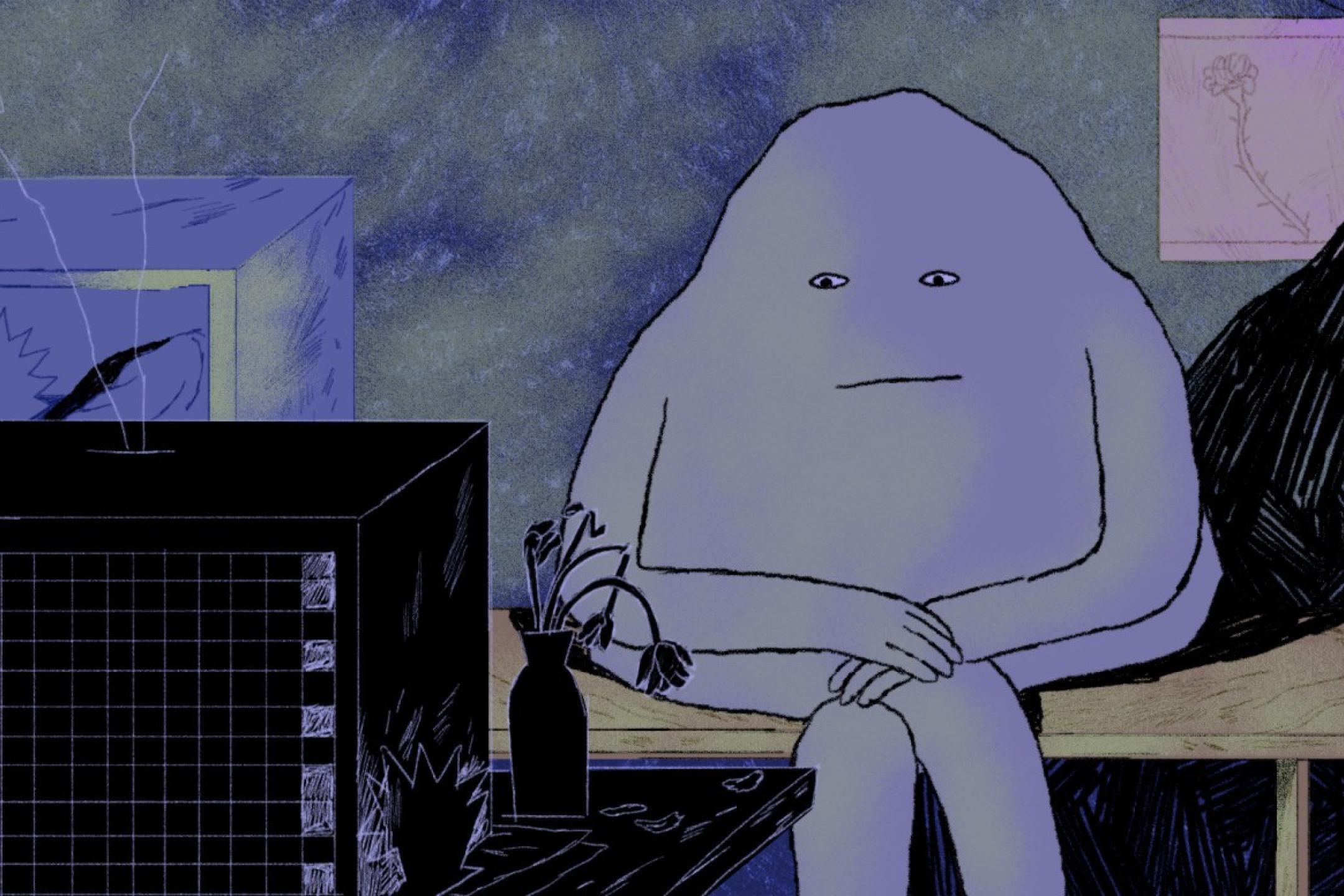 An illustrated stone with arms, legs and a face is sitting on a bench watching television