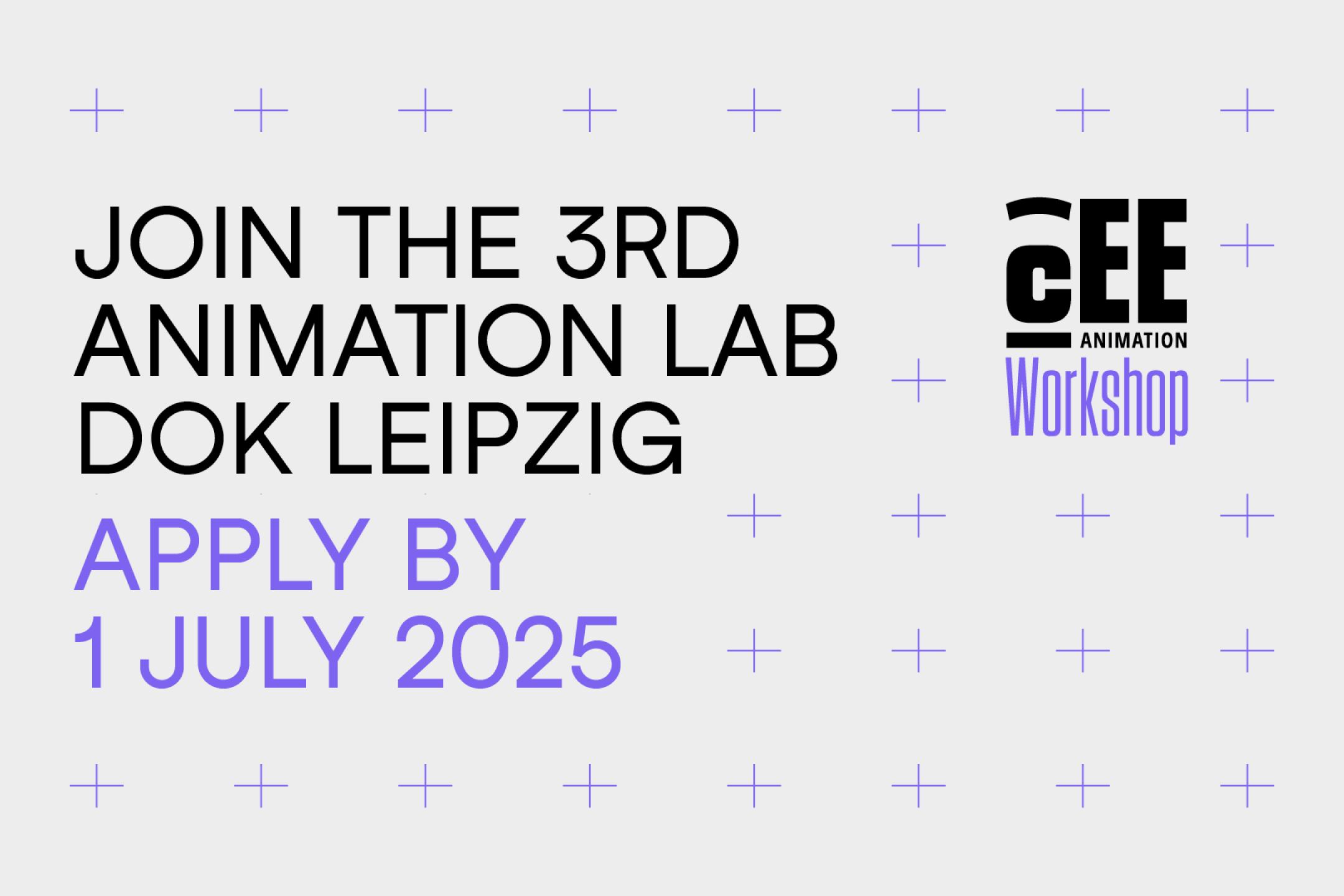 Illustration with the text: "join the 3rd animation lab DOK Leipzig, apply by 1 July 2025" and the logo of cee animation workshops