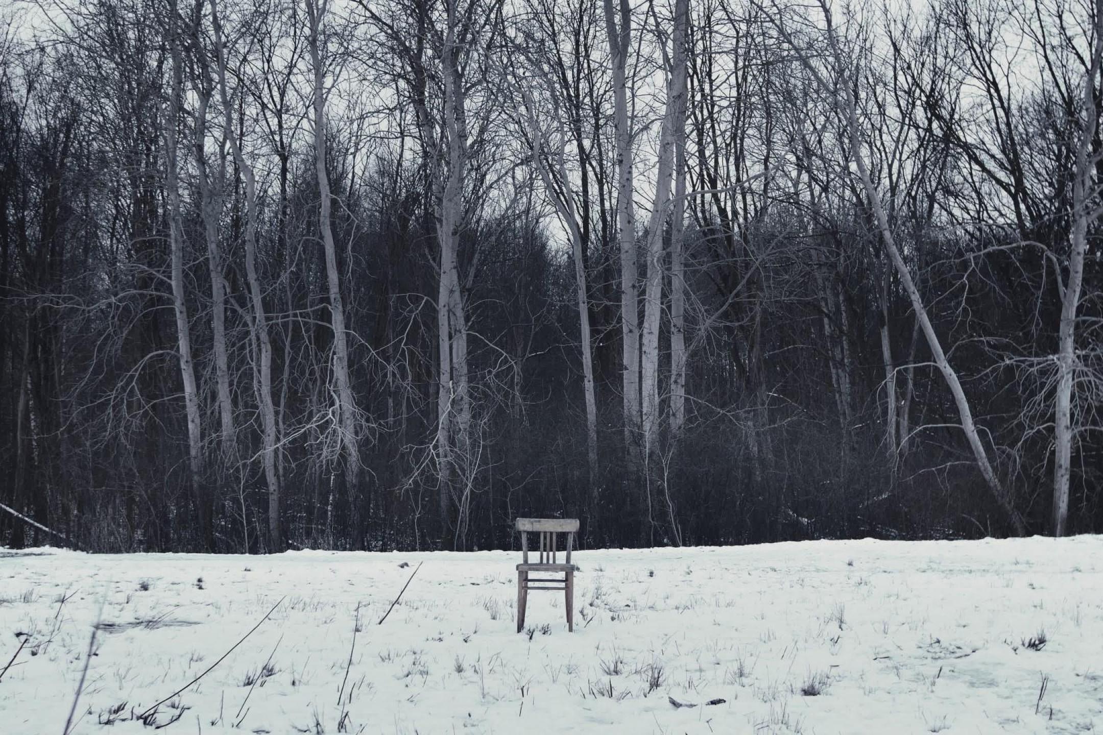 An old wooden chair stands in the center of the picture on a snowy landscape, behind the chair, a dark, cold looking forest looms