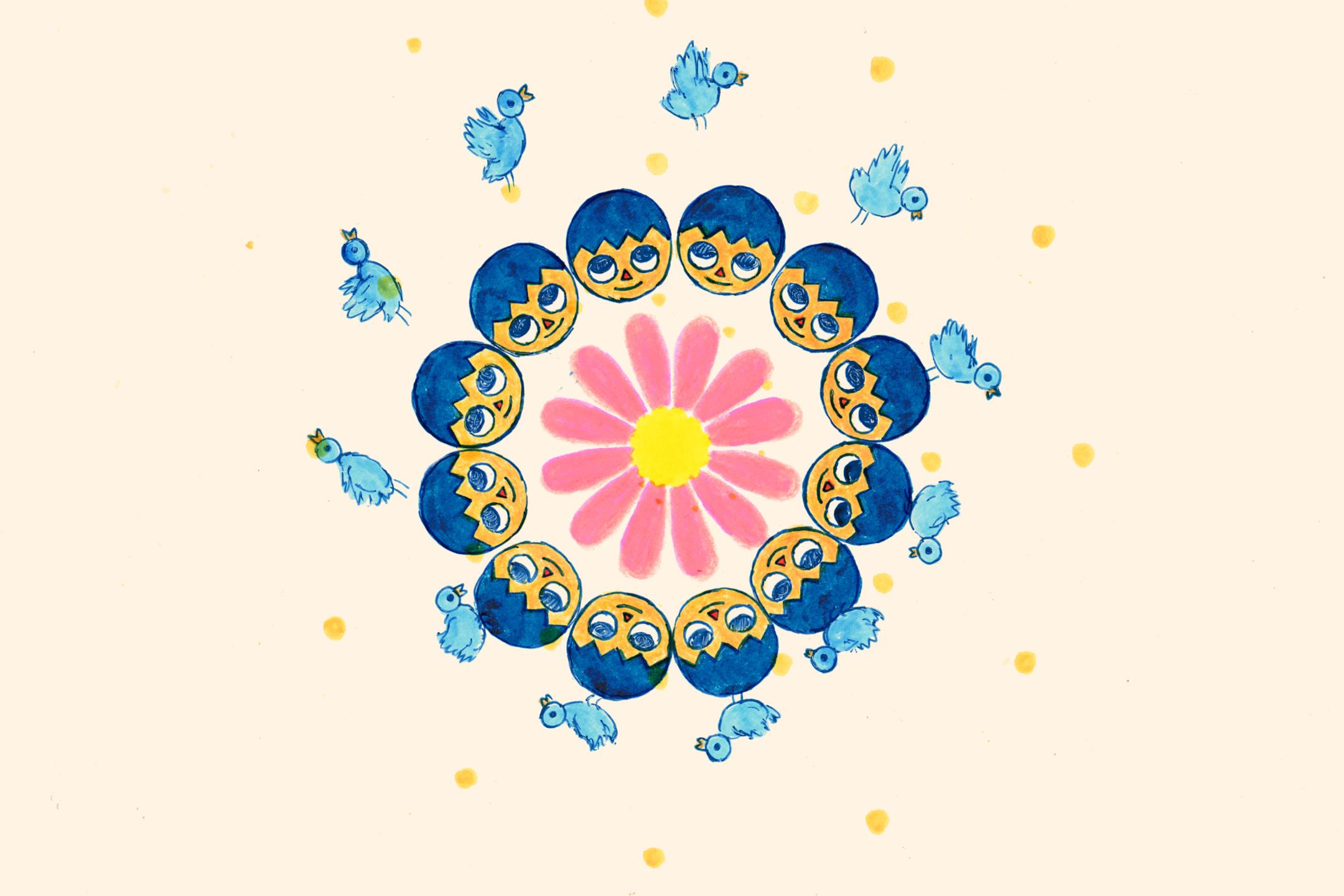 Illustration von vielen runden Köpfen im Kreis, sie schauen auf hellblaue Vögelchen, die um sie herumfliegen, im Kreis blüht eine rosa Blume