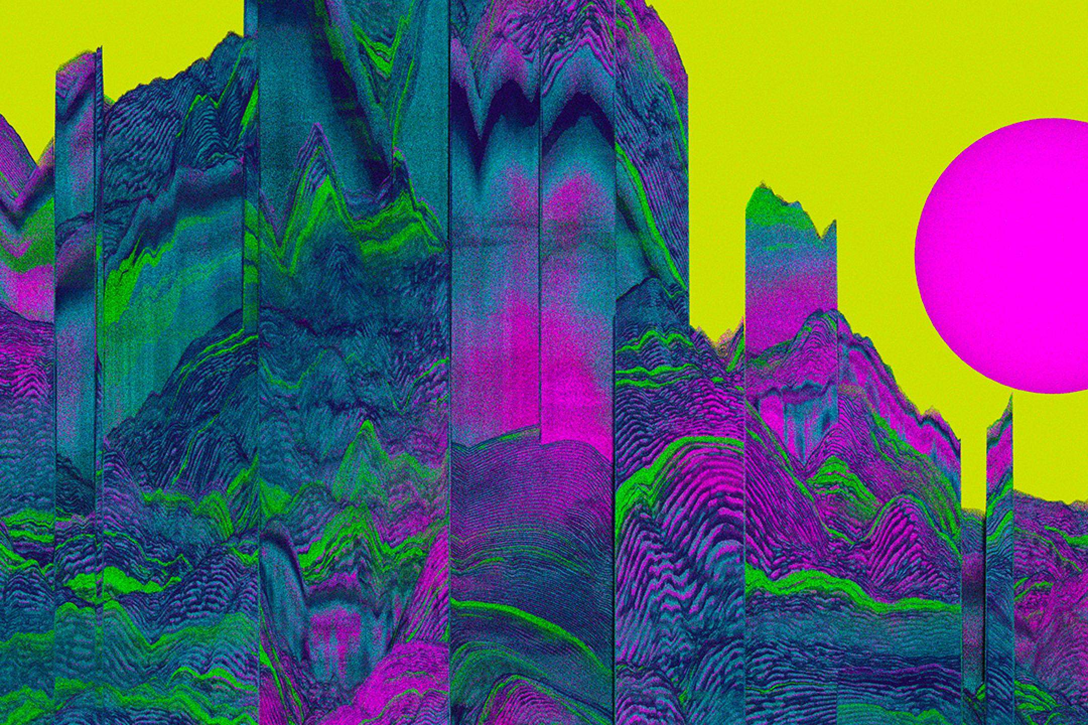 Grüne und pinke digitale Ströme wabern vor einem grellgelben Hintergrund