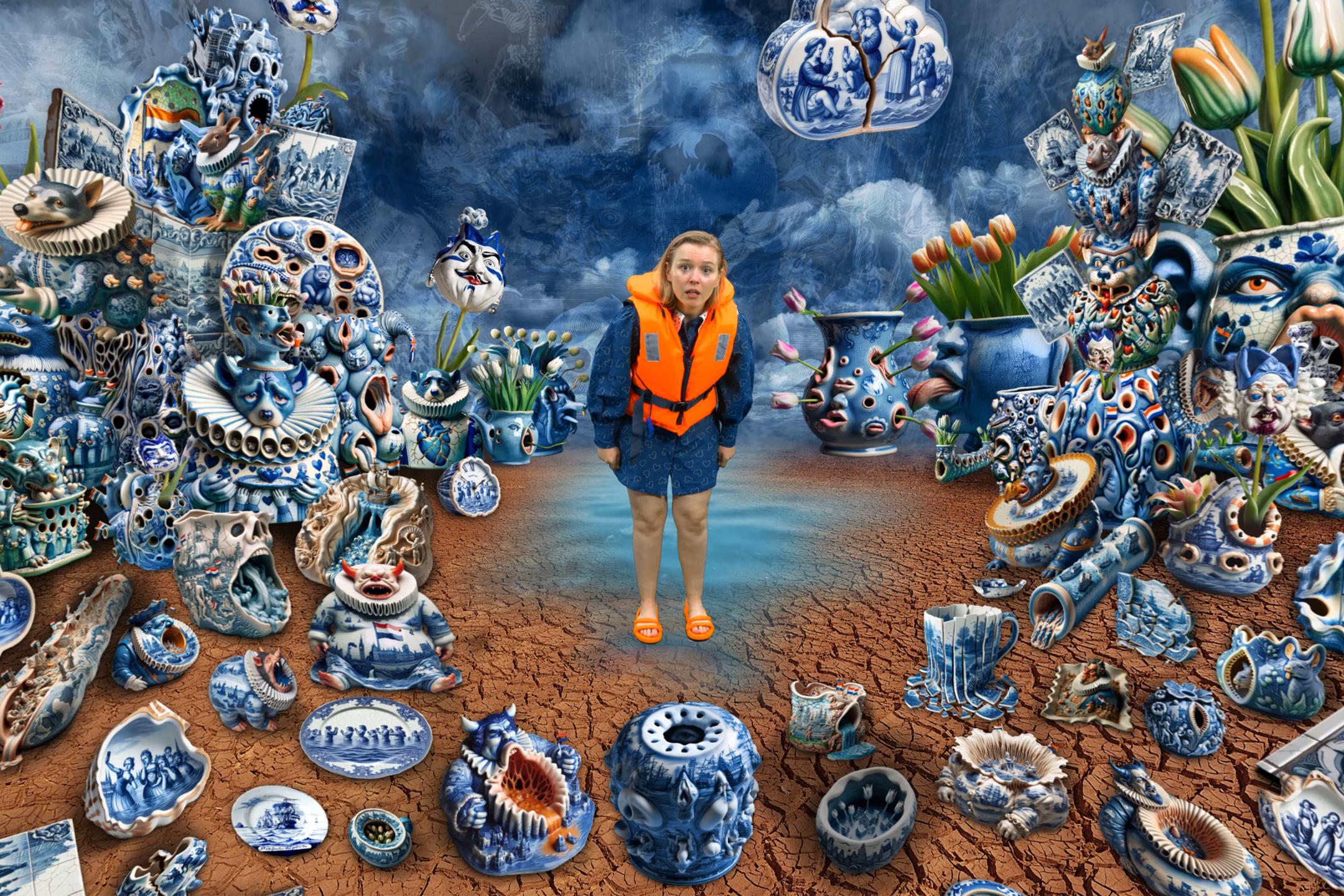 Person in Rettungsschwimmweste steht in abstrakter Unterwasserlandschaft