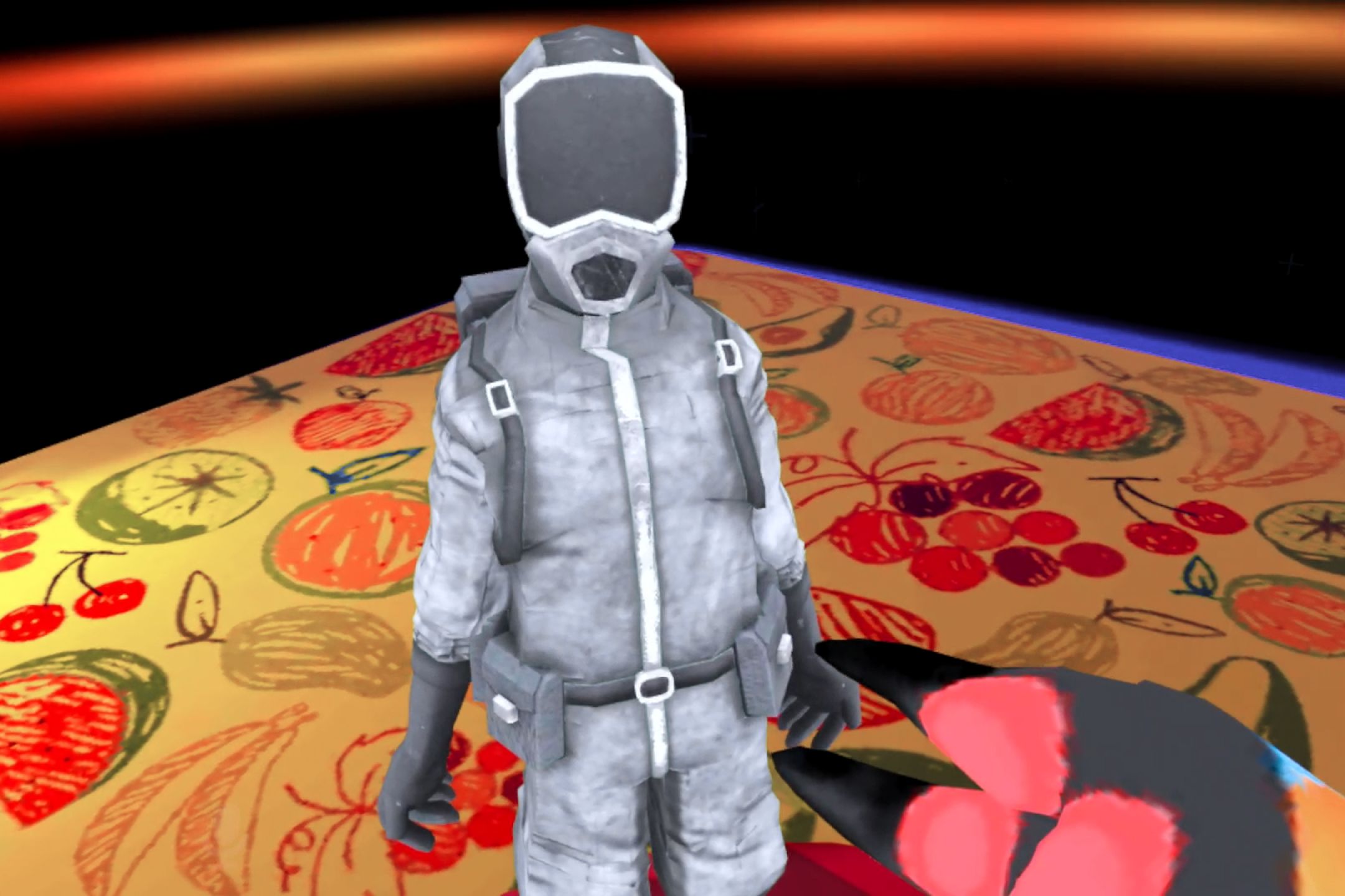 Ausschnitt aus dem Film "Four Percent", zeigt eine anmimierte Astronauten-Figur vor einem abstrakten, bunten Hintergrund