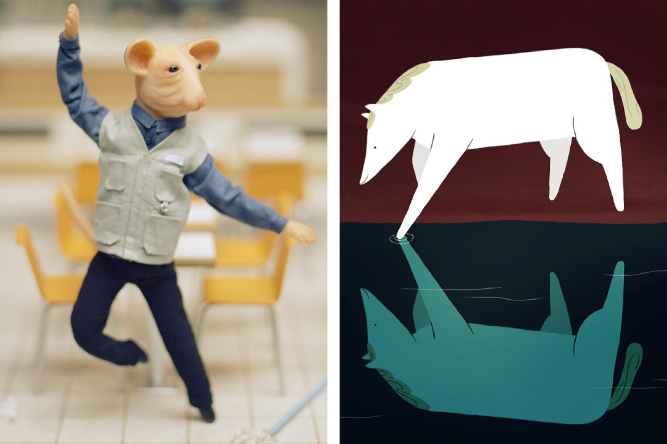 Zwei Filmstills, links eine Puppentrick-Maus mit Menschenkörper, sie trägt Klamotten und tanzt in einem Esssaal, rechts ein gezeichnetes lächelndes Pferd, das seine Spiegelung im Wasser anschaut