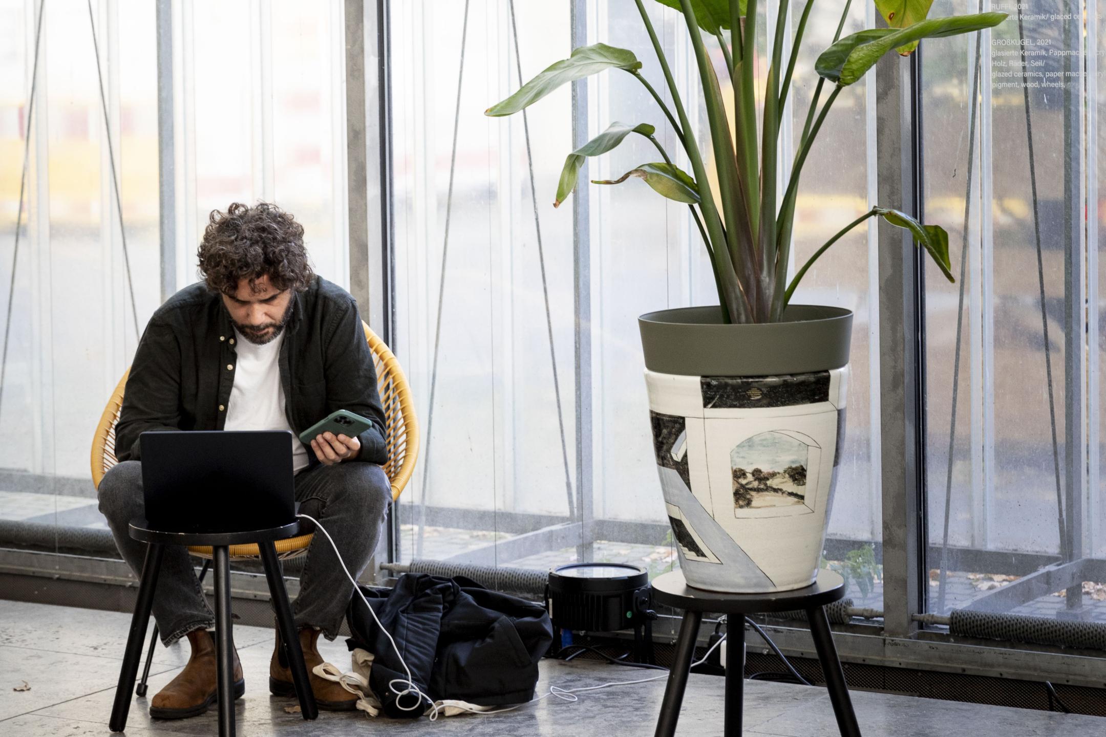 Mann sitzt im Stuhl am Laptop, neben ihm eine Palme