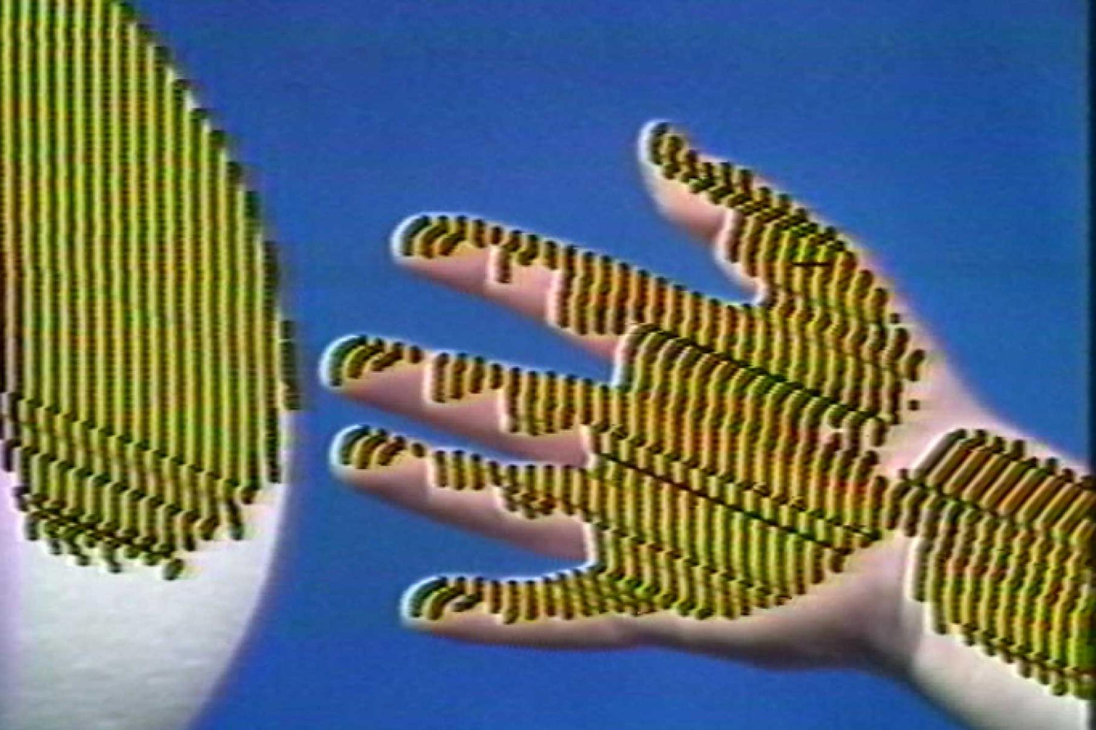 Eine Hand berührt beinahe eine weiße Kugel, über beiden liegt eine digitale grell-gelb-grüne Struktur