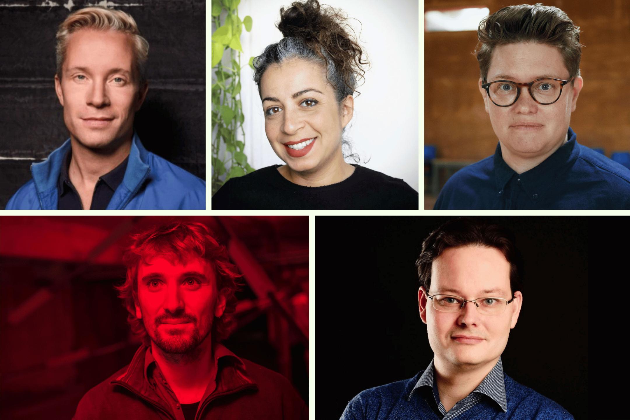 Eine Collage von fünf Menschen, die in der Podcastfolge sprechen