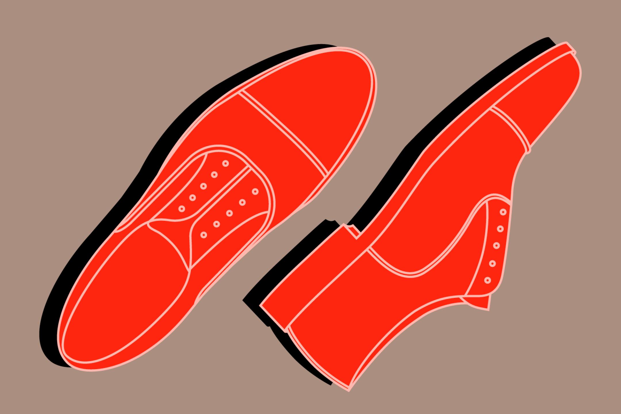 Zu sehen ist ein gezeichnetes, rotes Paar Schuhe auf braunem Hintergrund. Der rechte Schuh liegt auf der Seite und beiden Schuhen fehlen die Schnürsenkel.