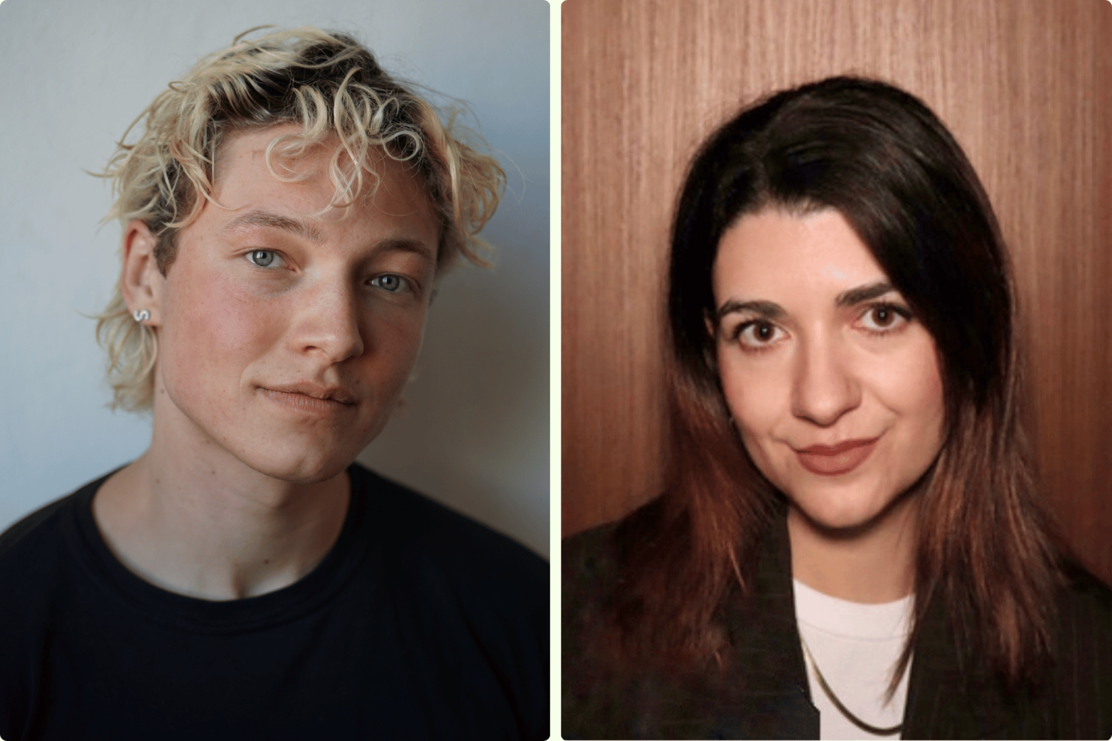 Eine Collage von zwei Personen. Auf der linken Seite ein blonder Mann und auf der rechten Seite eine brünette Frau.