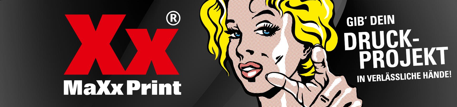 Auf schwarzem Hintergrund zwei rote X, daneben die knallige Grafik eines Frauenkopfs mit blonden Haaren, die auf uns zeigt und der Text "Gib dein Druckprojekt in verlässliche Hände"