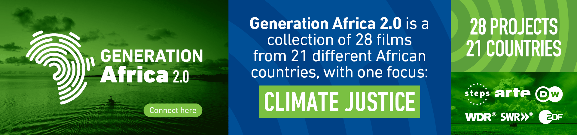Banner of Generation Africa with text: Generation Africa 2.0 is a collection if 28 films from 21 different African countries, with one focus: Climate Justice