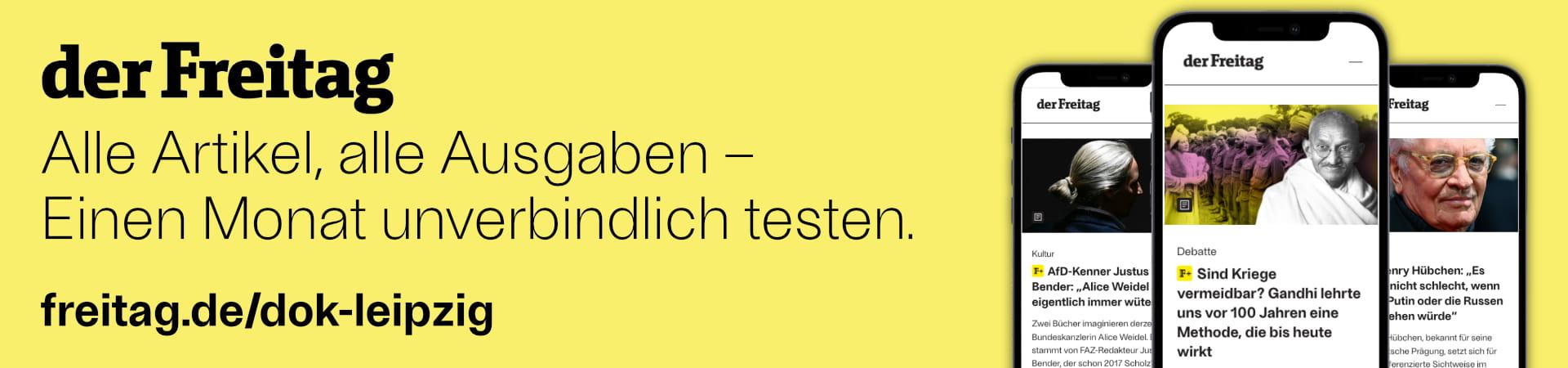Gelbes Banner mit drei handys, die die website von "der Freitag" zeigen